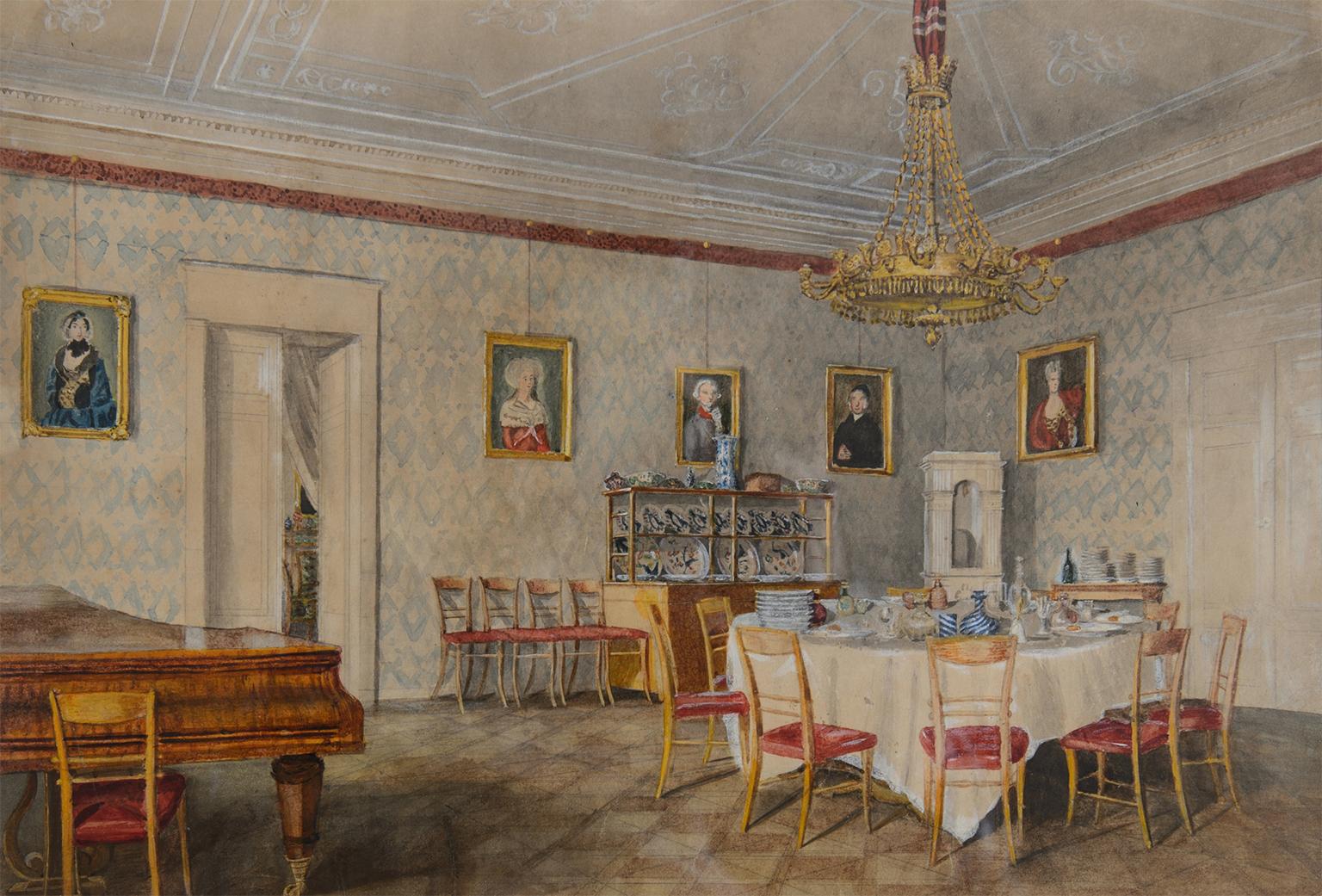 Unknown Interior Art - Dining room at Kolešovice, Czech Rep - 19 c German School watercolour painting 