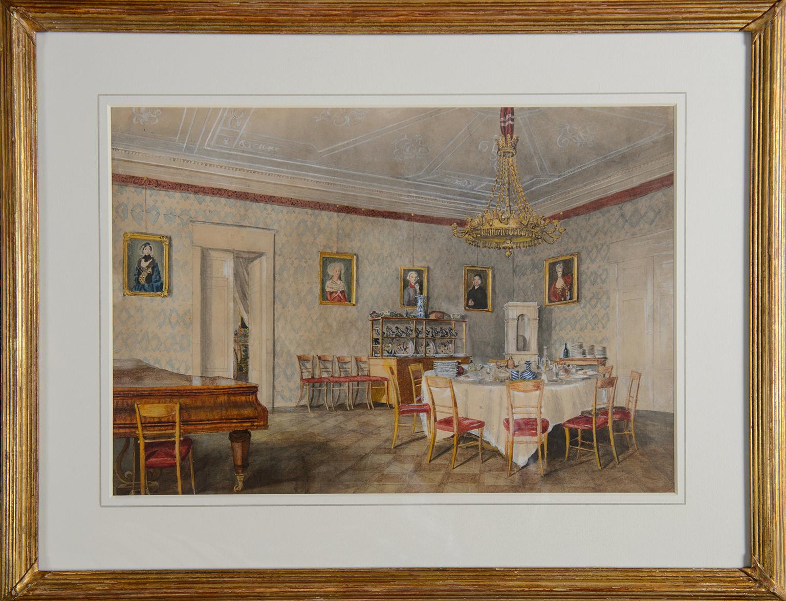 Dining room at Kolešovice, Czech Rep - 19 c German School watercolour painting  - Art by Unknown