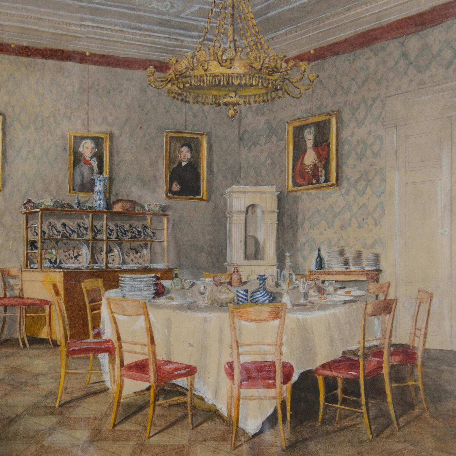 Dining room at Kolešovice, Czech Rep - 19 c German School watercolour painting  - Victorian Art by Unknown