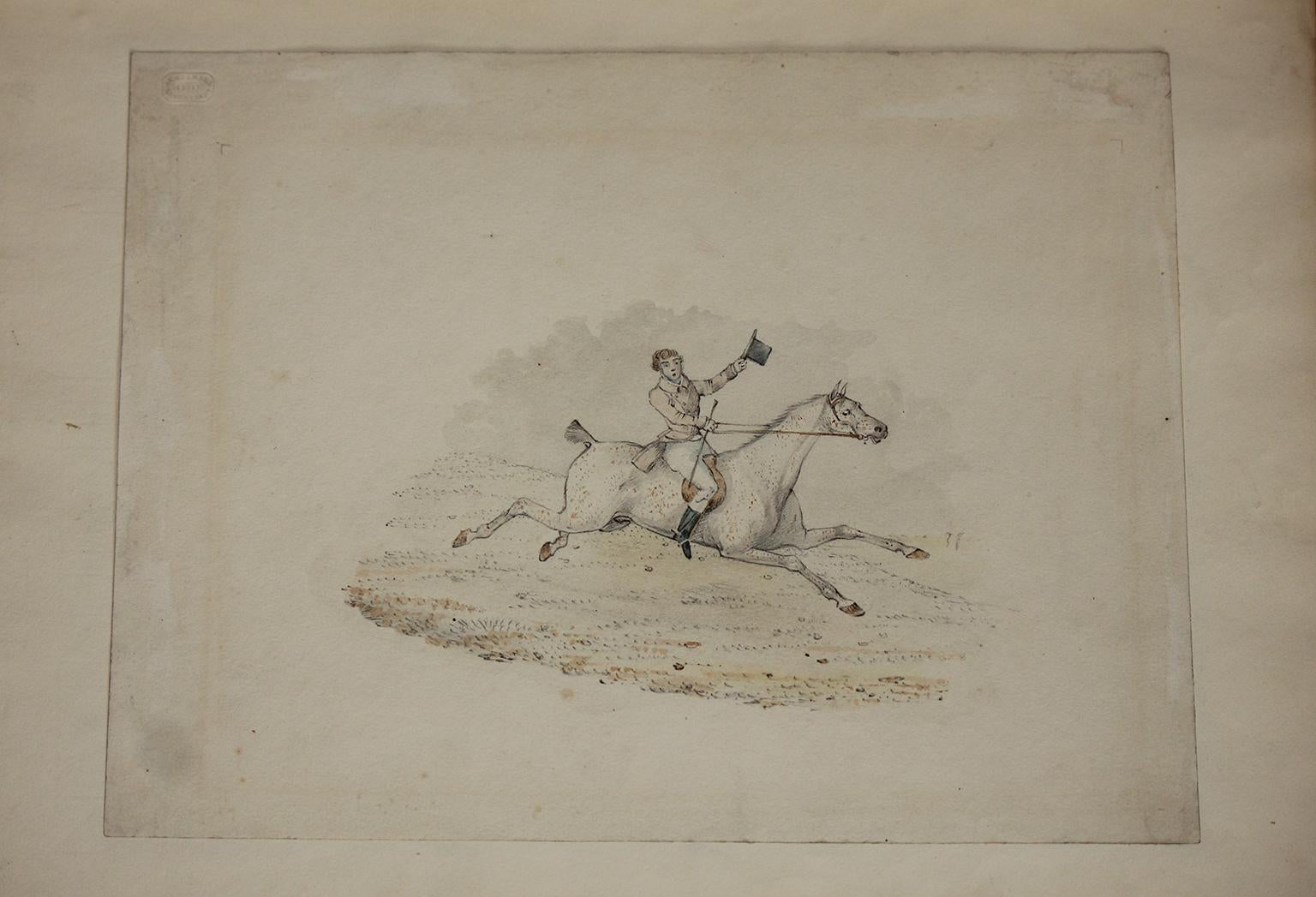 This nineteeth-century album, presumed to have belonged to the Countess of Beauchamp, contains six Henry Alken watercolour and pencil drawings: 'Tally ho', 'Full cry', 'A rider with a hound', 'A huntsman and a hound', 'A rider on a bay', and 'A