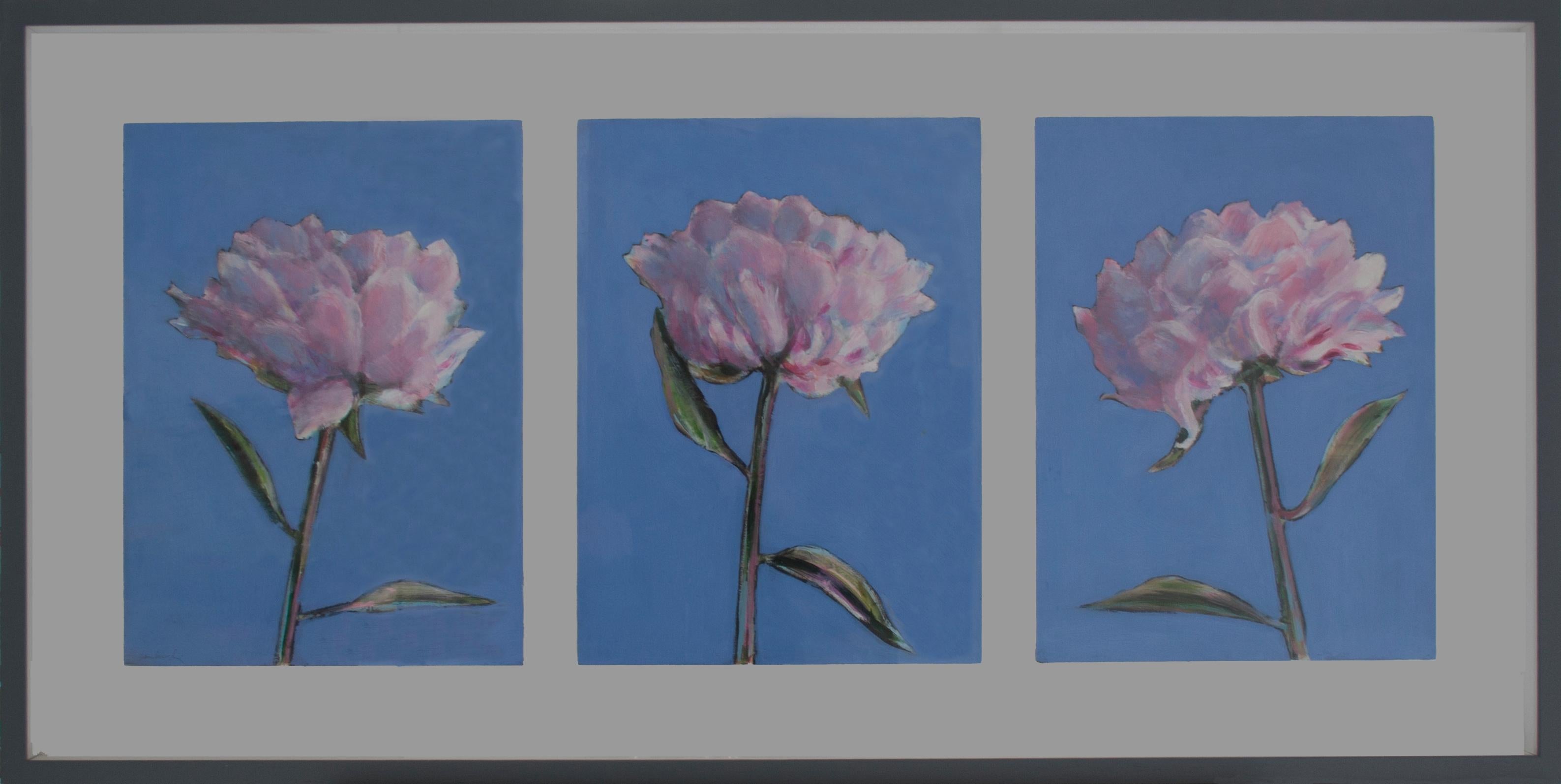 Oil on wood. Dimensions are 24 x 45 in (60 x 115 cm) framed. 

Lombardi's paintings are fascinated with light, colour, and the texture of the painted surface. This triptych of peonies, full of movement, are a study of the flowers' strength and