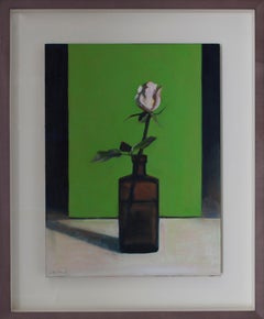 White Rose and Green Box - still life oil painting by Patrice Lombardi