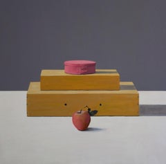 Boxes, Pink and Grey - contemporary still life oil painting by Patrice Lombardi