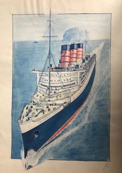 The Queen Mary at Sea - 1950s mixed media work by Geoffrey Richard Mortimer