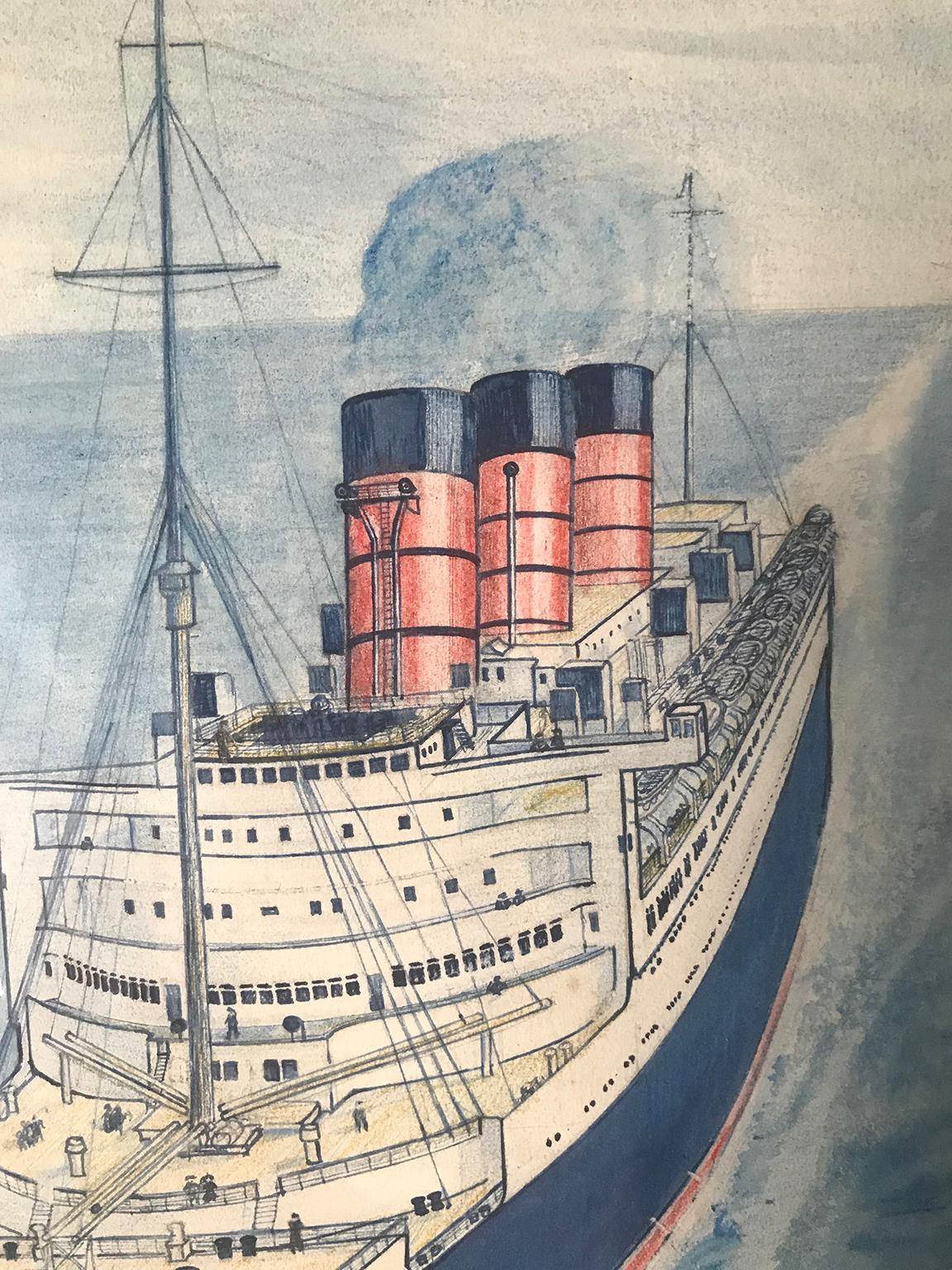 The Queen Mary at Sea - 1950s mixed media work by Geoffrey Richard Mortimer For Sale 1