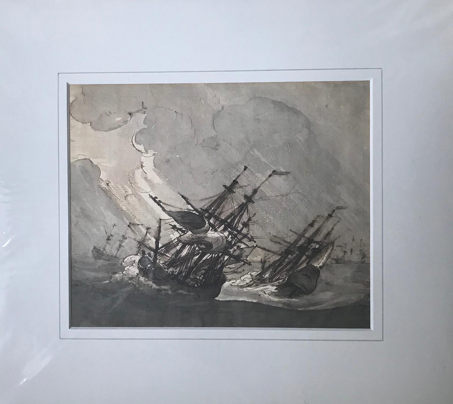 Two Three-Masters in High Seas - marine drawing, following Willem Van de Velde - Art by Unknown