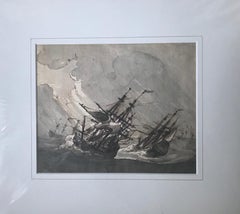 Two Three-Masters in High Seas - marine drawing, following Willem Van de Velde