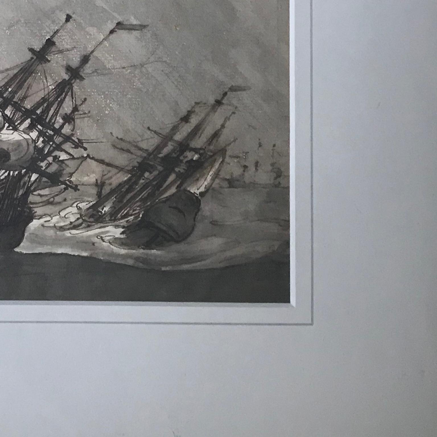 Two Three-Masters in High Seas - marine drawing, following Willem Van de Velde - Romantic Art by Unknown