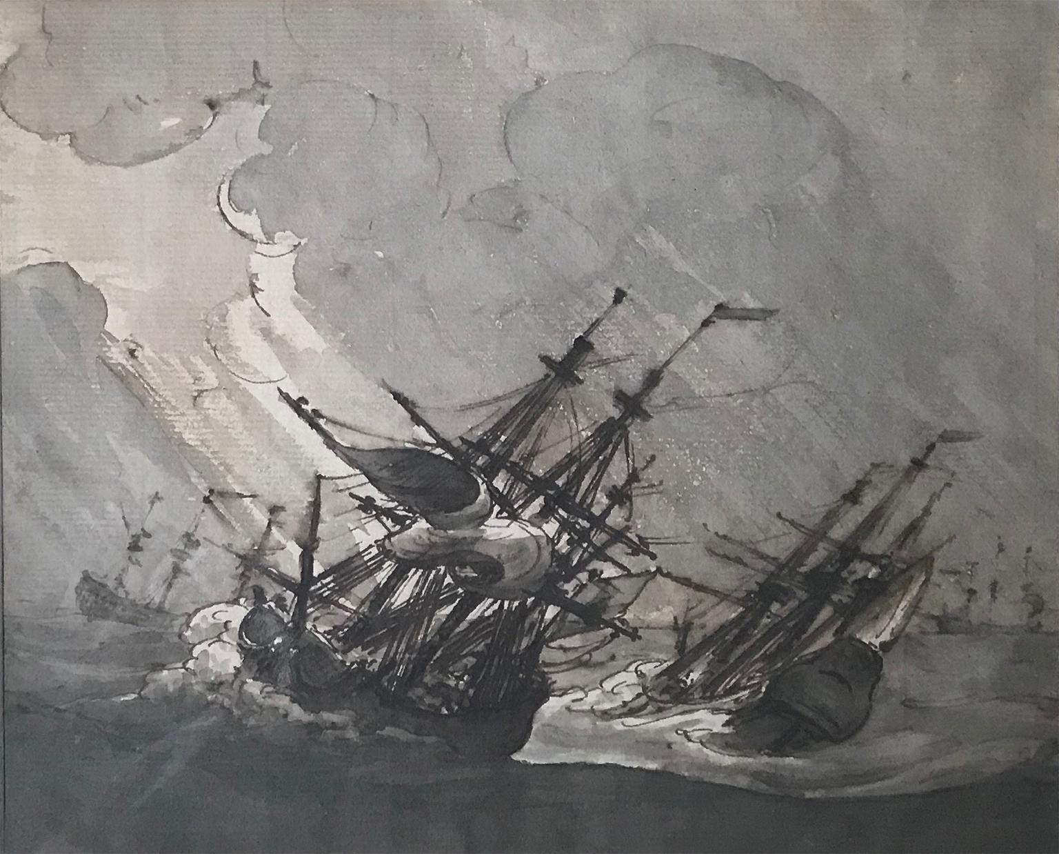 Unknown Landscape Art - Two Three-Masters in High Seas - marine drawing, following Willem Van de Velde