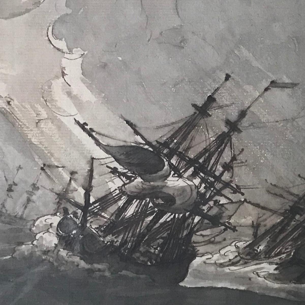 Two Three-Masters in High Seas - marine drawing, following Willem Van de Velde - Gray Landscape Art by Unknown