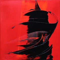 Black on Red Abstract Squared Oil Painting, Untitled
