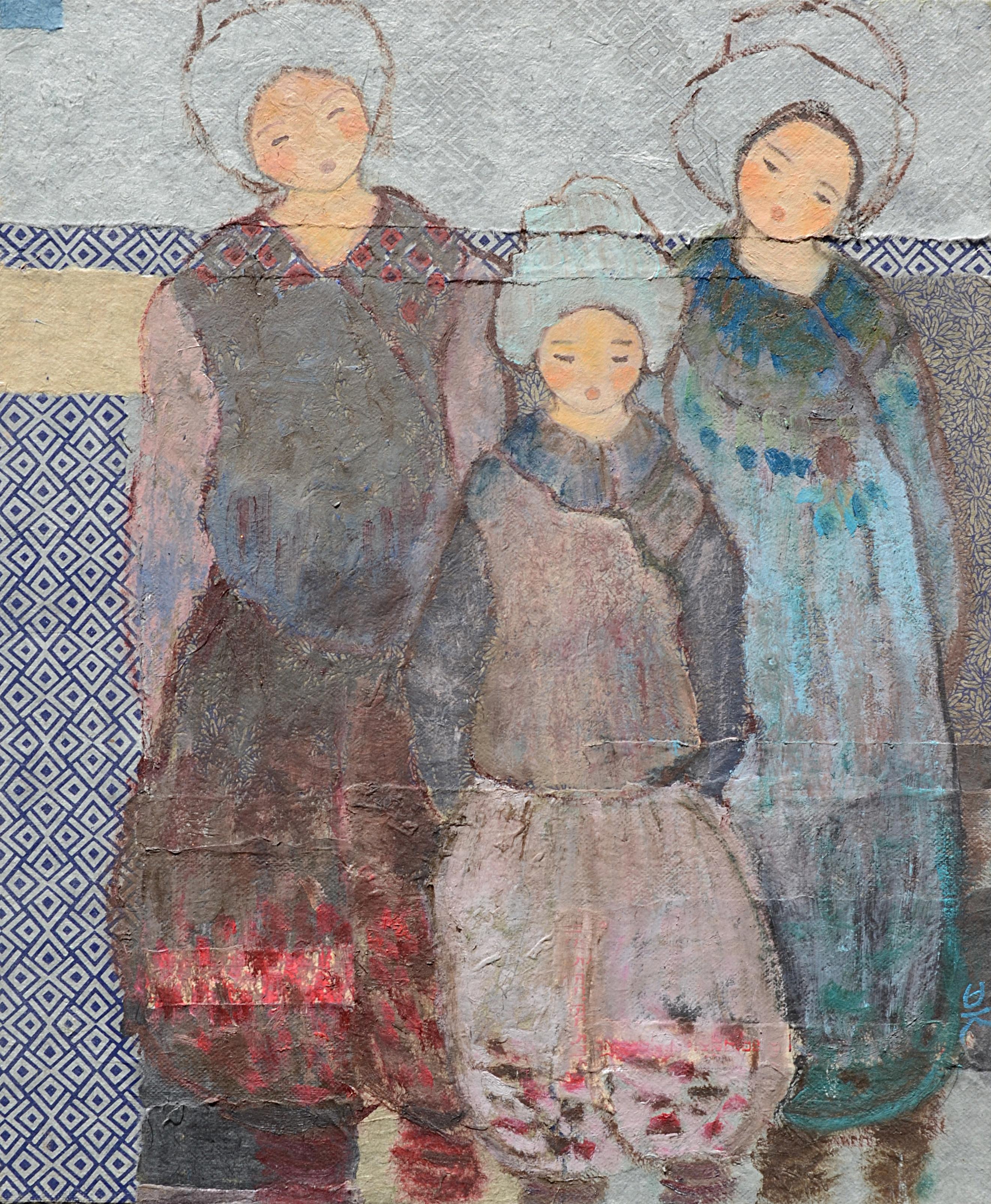 Such a delicate painting !  It depicts three androgynous characters, one smaller than the two others but given the title of the artwork it can be assumed that all are children, seemingly from faraway lands, as suggested from their clothes and