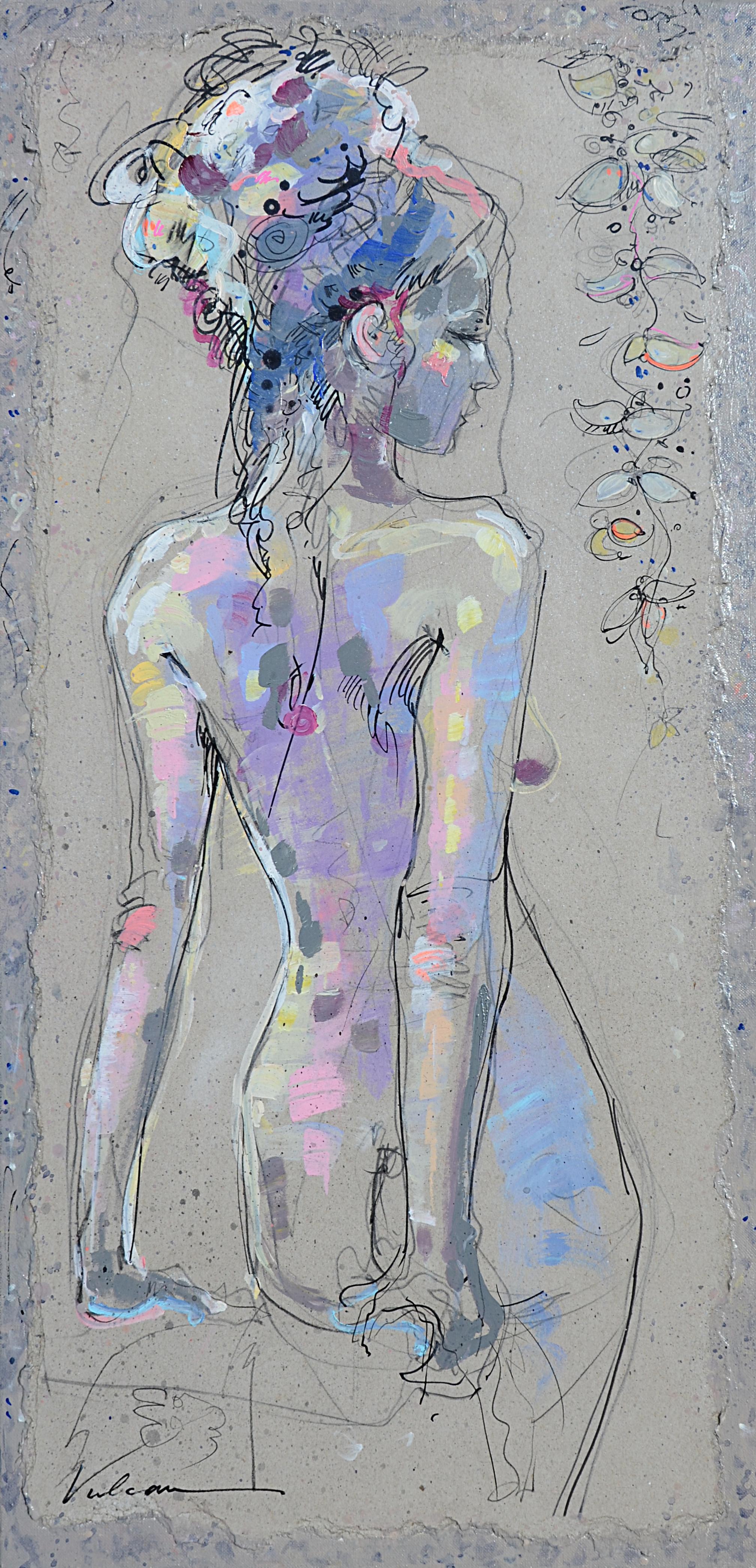 Raluca Vulcan Nude Painting - Lila 31, Nude Pensive Woman Standing from the Back, Light Pink and Blue on Grey