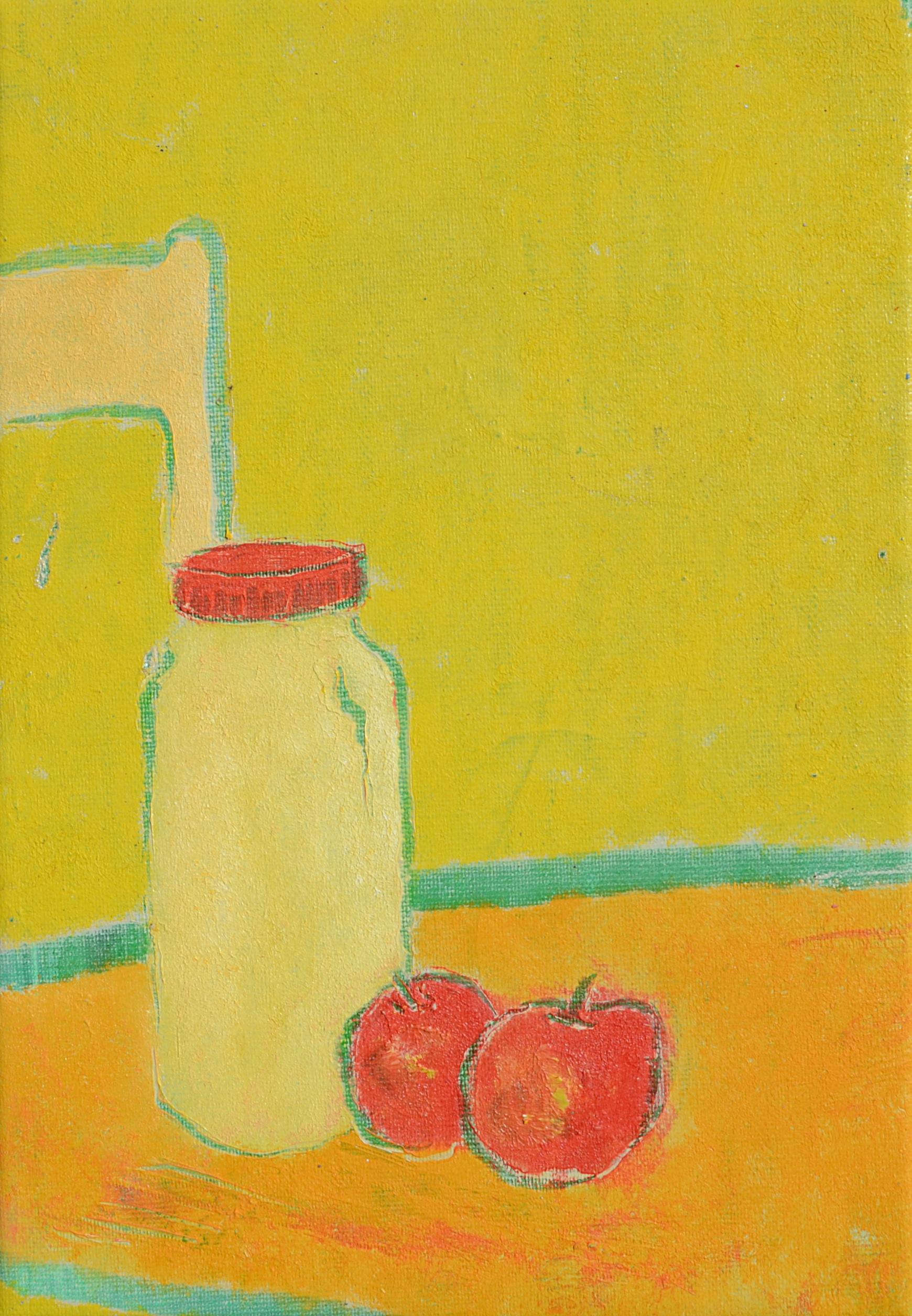 Antoine Henry Still-Life Painting - Yum ("Miam"), Milk Bottle and Red Apples on Orange Table and Yellow Background