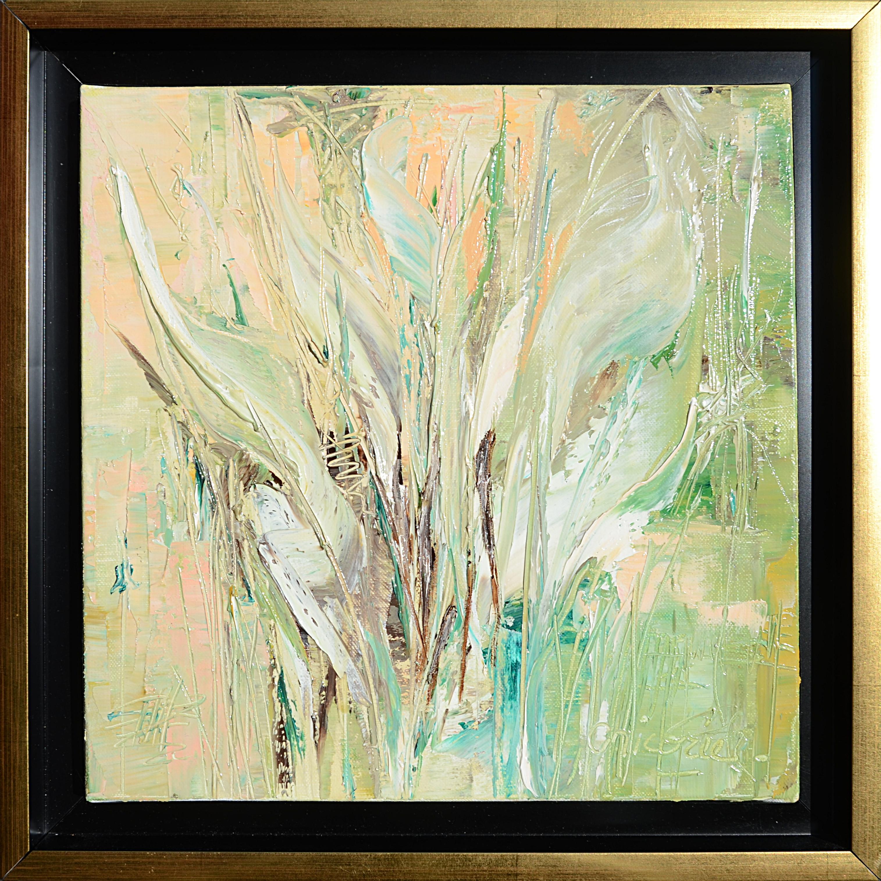 Chicorée Abstract Painting – Folliage, Light Green and Light Orange Abstract Oil Painting