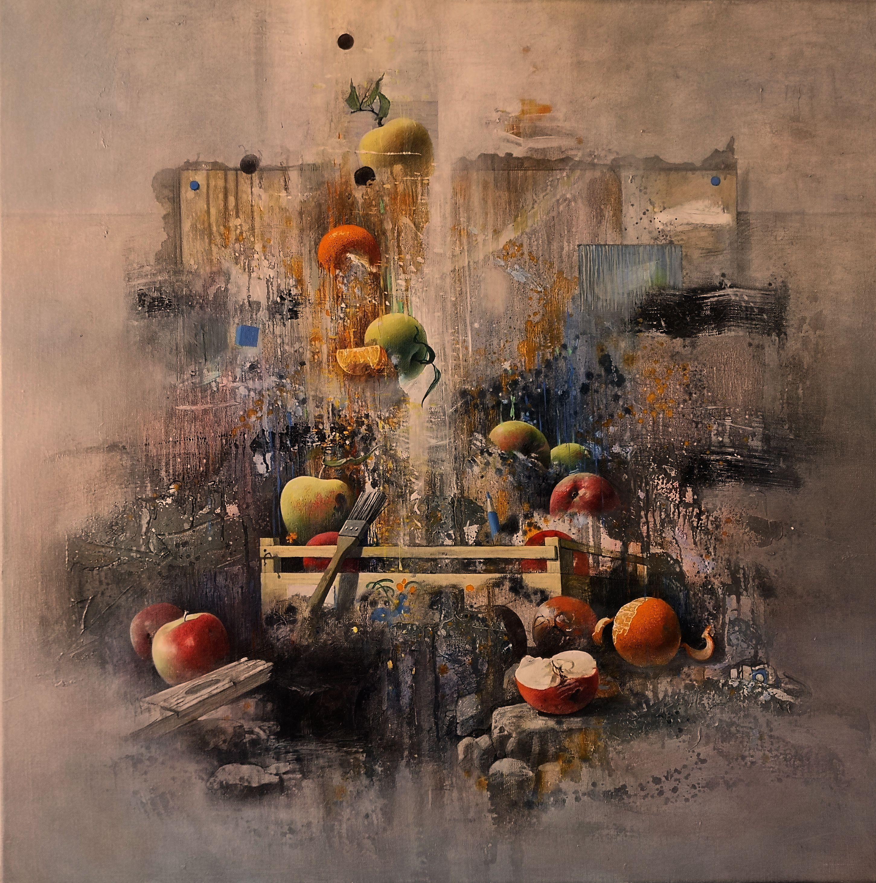 Sylvain Loisant Still-Life Painting – „Yellow Apples Called by the Grace“, poetisches, realistisches Stillleben, Ölgemälde 
