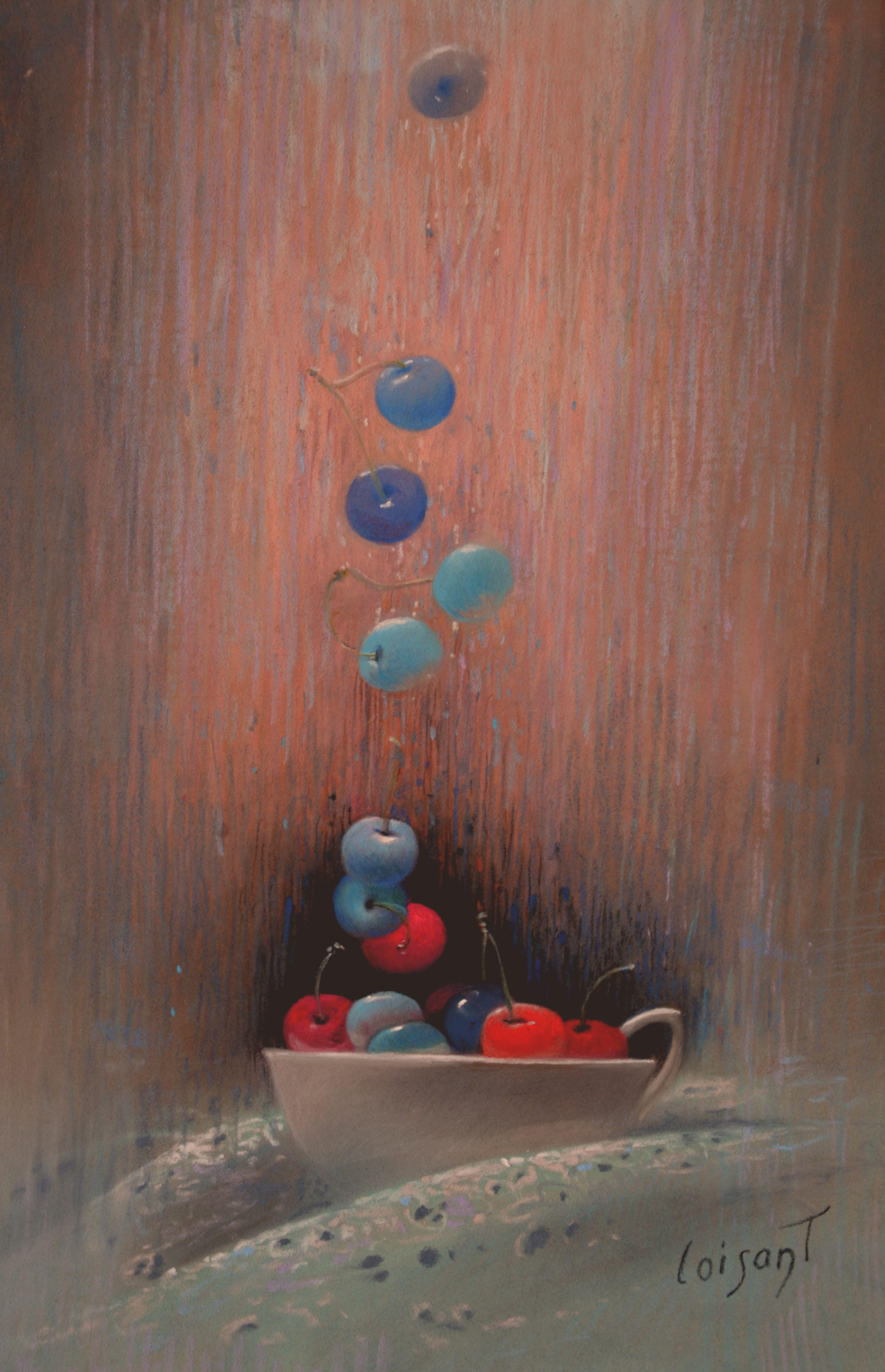 Sylvain Loisant Still-Life Painting - "Cherries Called by the Grace" Poetic Realistic Red Blue Pastel Paper Painting 