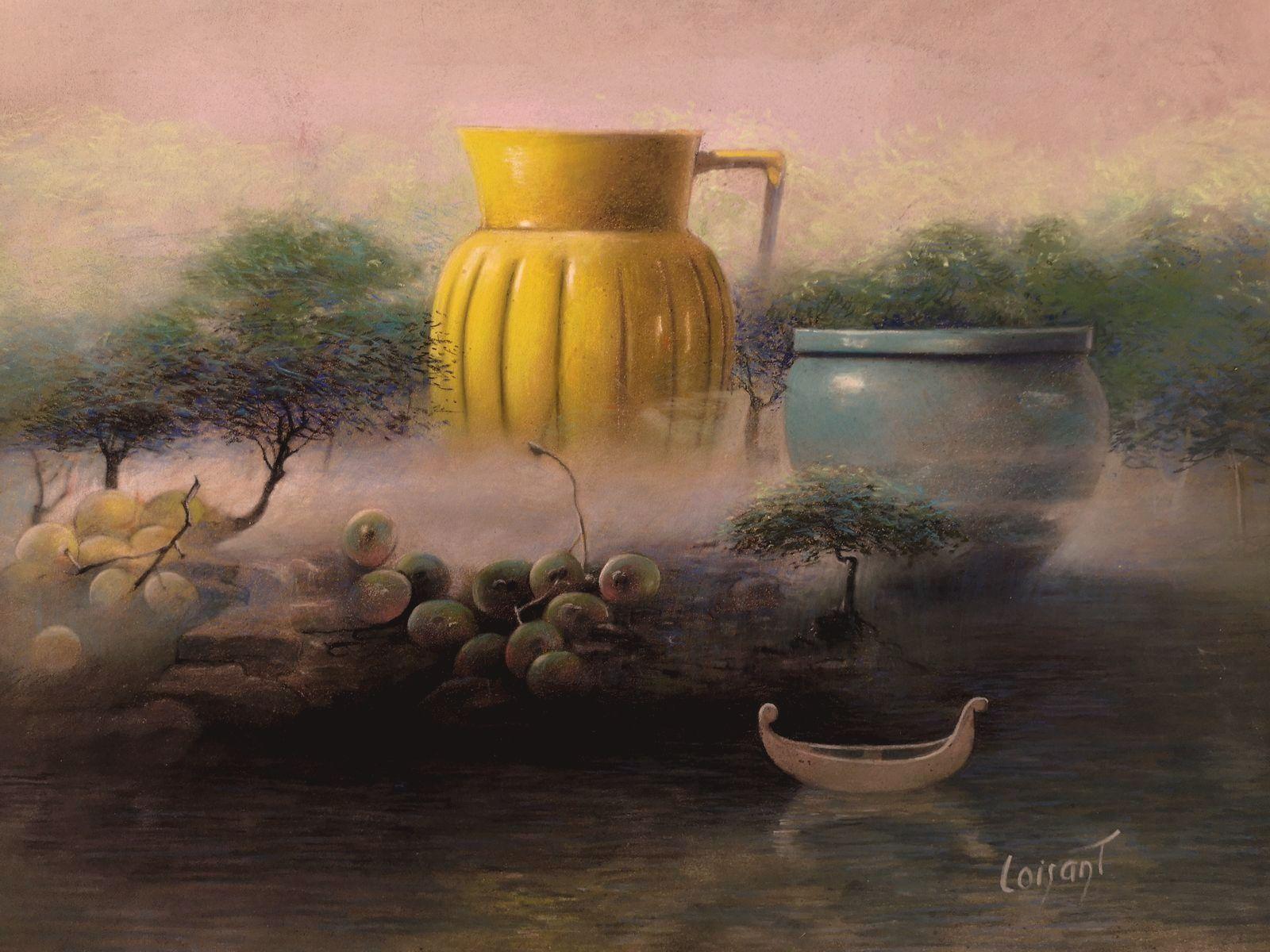 Sylvain Loisant Landscape Painting - "Still-Life in the Forest " Poetic Realistic Yellow Pink Pastel Paper Painting