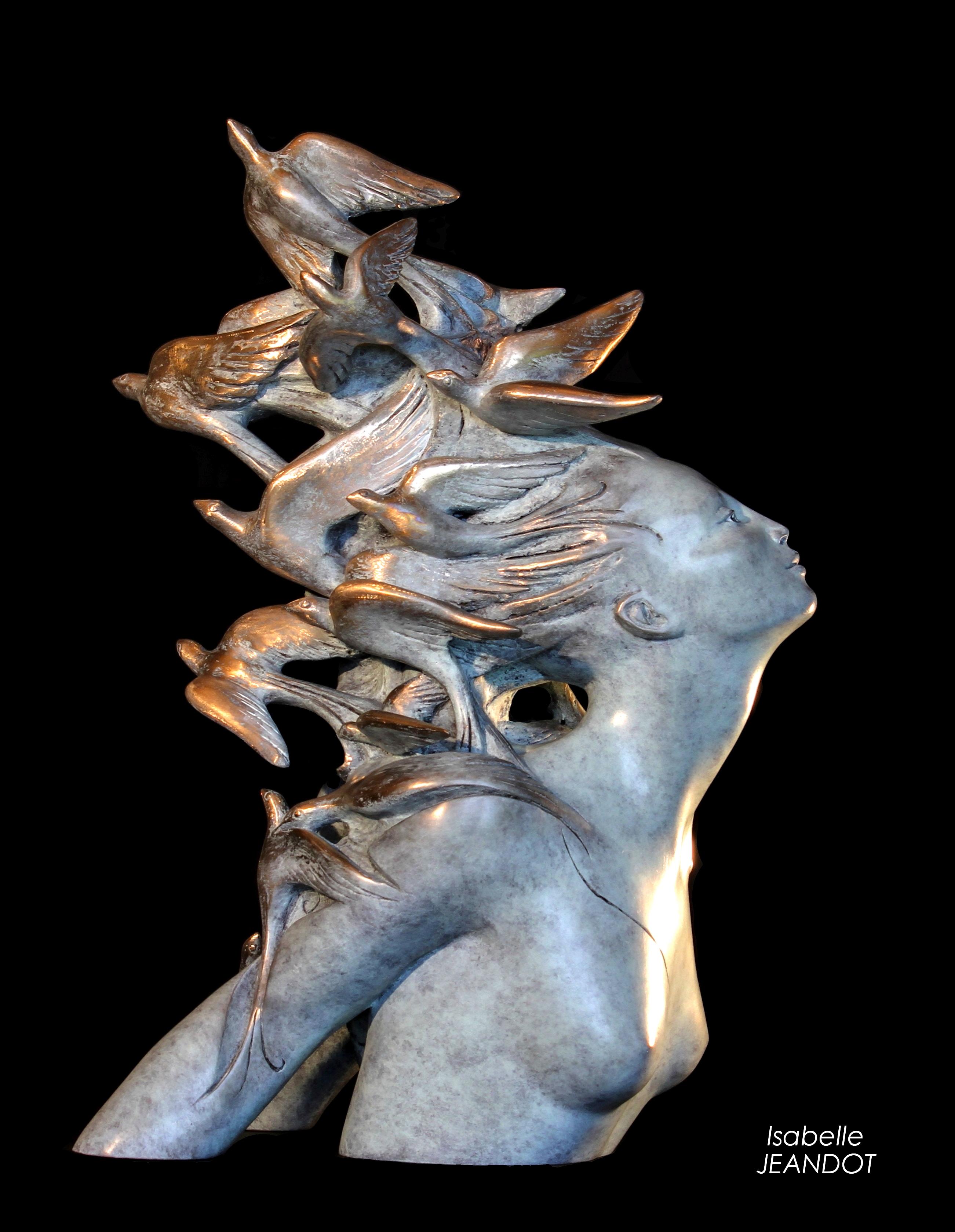 Isabelle Jeandot Figurative Sculpture - "Samadhi", Figurative Nude and Birds Spirit Awakening Symbolism Bronze Sculpture