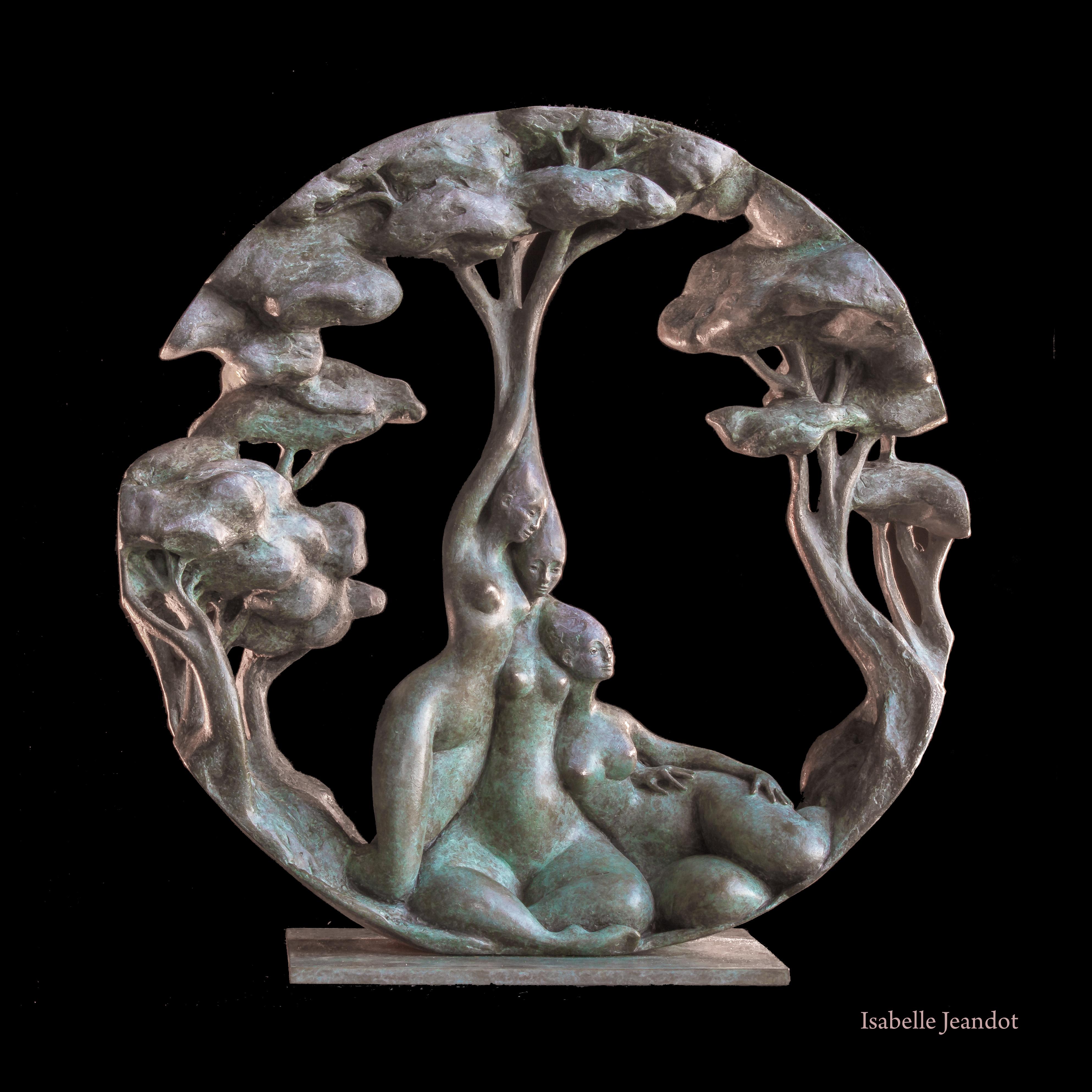 Isabelle Jeandot Figurative Sculpture - "Gynaeceum" , Three Nude Embracing Women With Trees Circular Bronze Sculpture