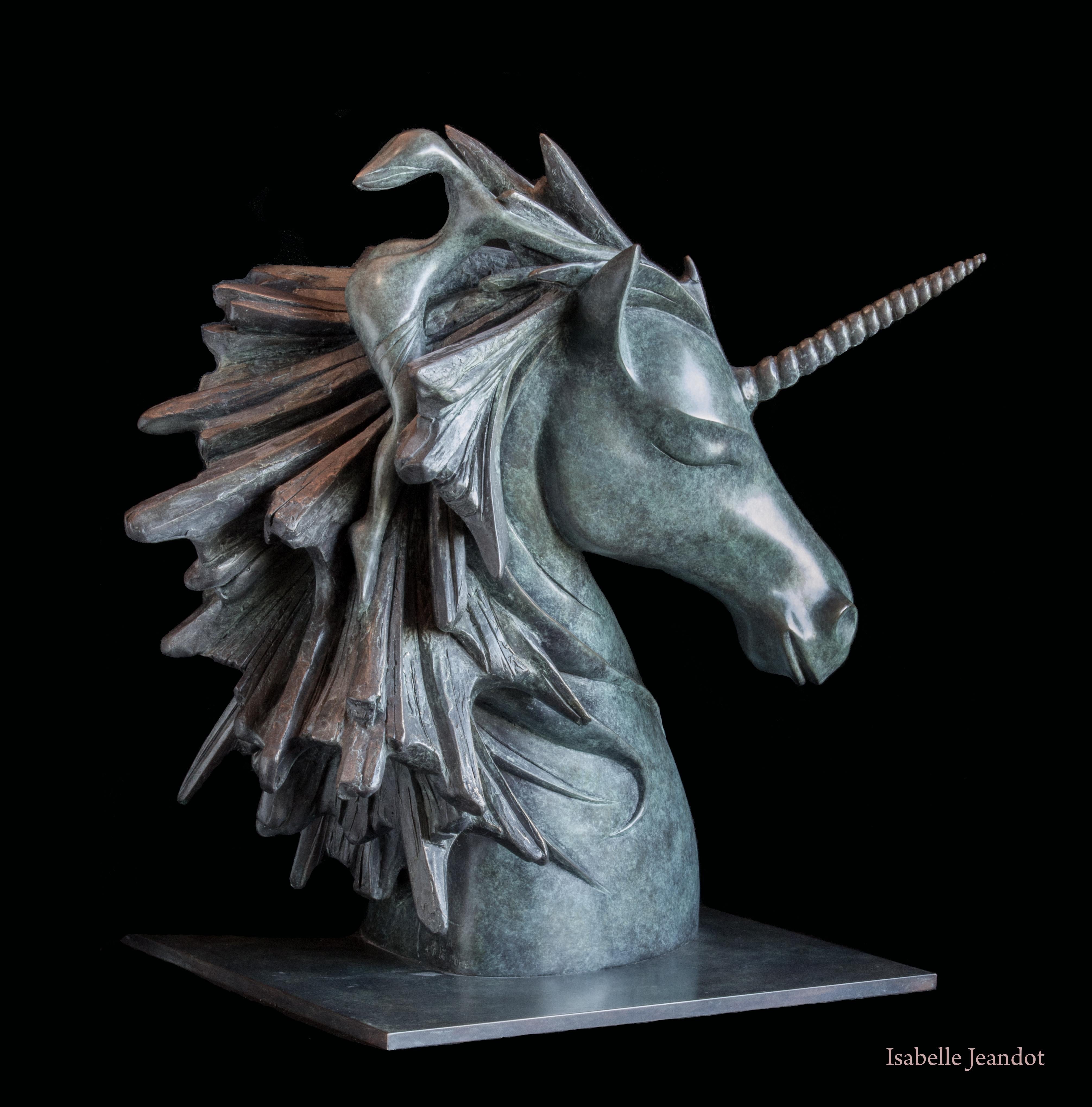 Isabelle Jeandot Figurative Sculpture – „Das Einhorn“:: Büste eines Einhorns:: geritten von einer herrlichen Bronzeskulptur