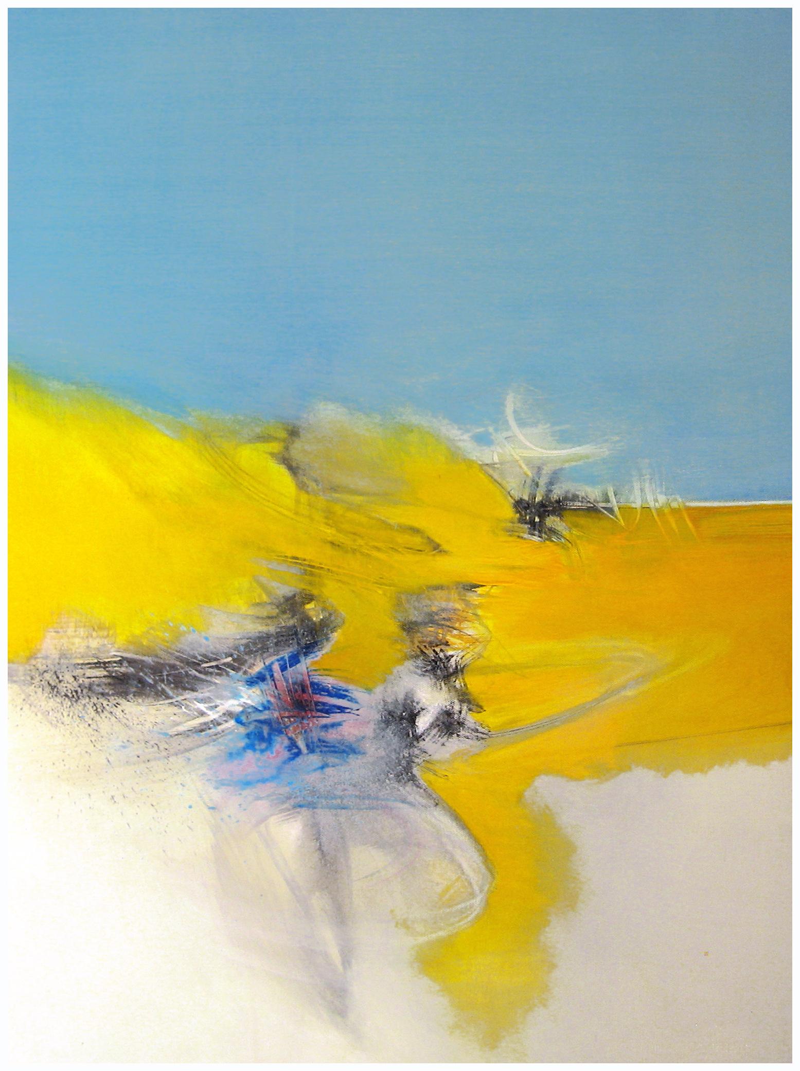 Philippe Saucourt Abstract Painting - "Dance", Blue, Yellow and Beige Lyrical Abstract Acrylic painting