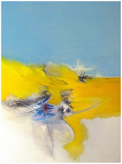 "Danse":: peinture acrylique abstraite lyrique bleue:: jaune et beige