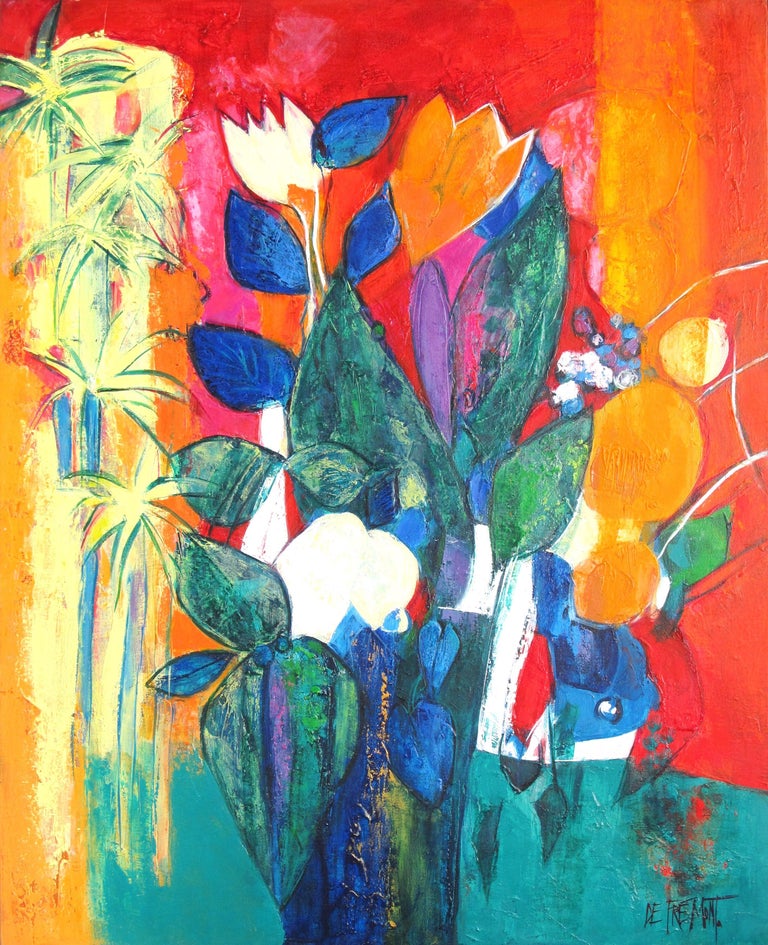 Andrée de Frémont Figurative Painting - "Nissa", Colorful Bouquet with Palm Tree Oil Painting