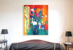 "Nissa", Colorful Bouquet with Palm Tree Oil Painting