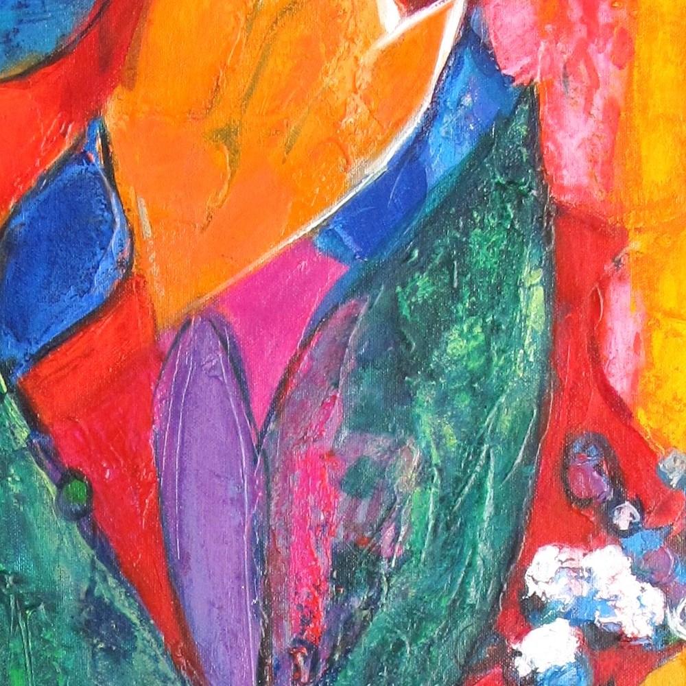 « Nina », peinture à l'huile représentant un bouquet coloré et un palmier en vente 1