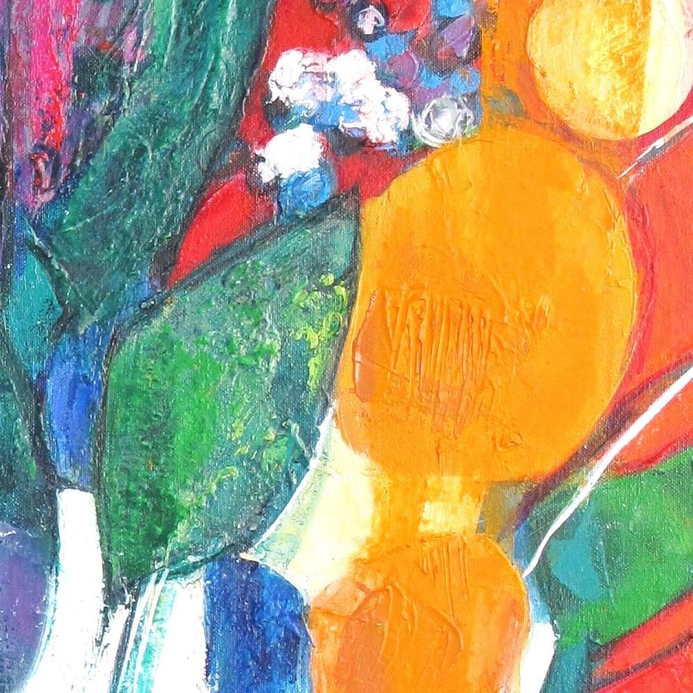 « Nina », peinture à l'huile représentant un bouquet coloré et un palmier en vente 3