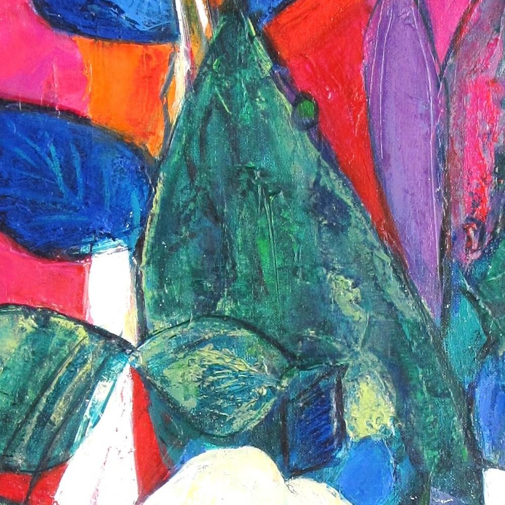 « Nina », peinture à l'huile représentant un bouquet coloré et un palmier en vente 2