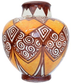 Raoul Lachenal Brown and Orange Vintage Geometric French Art Deco Ceramic Vase