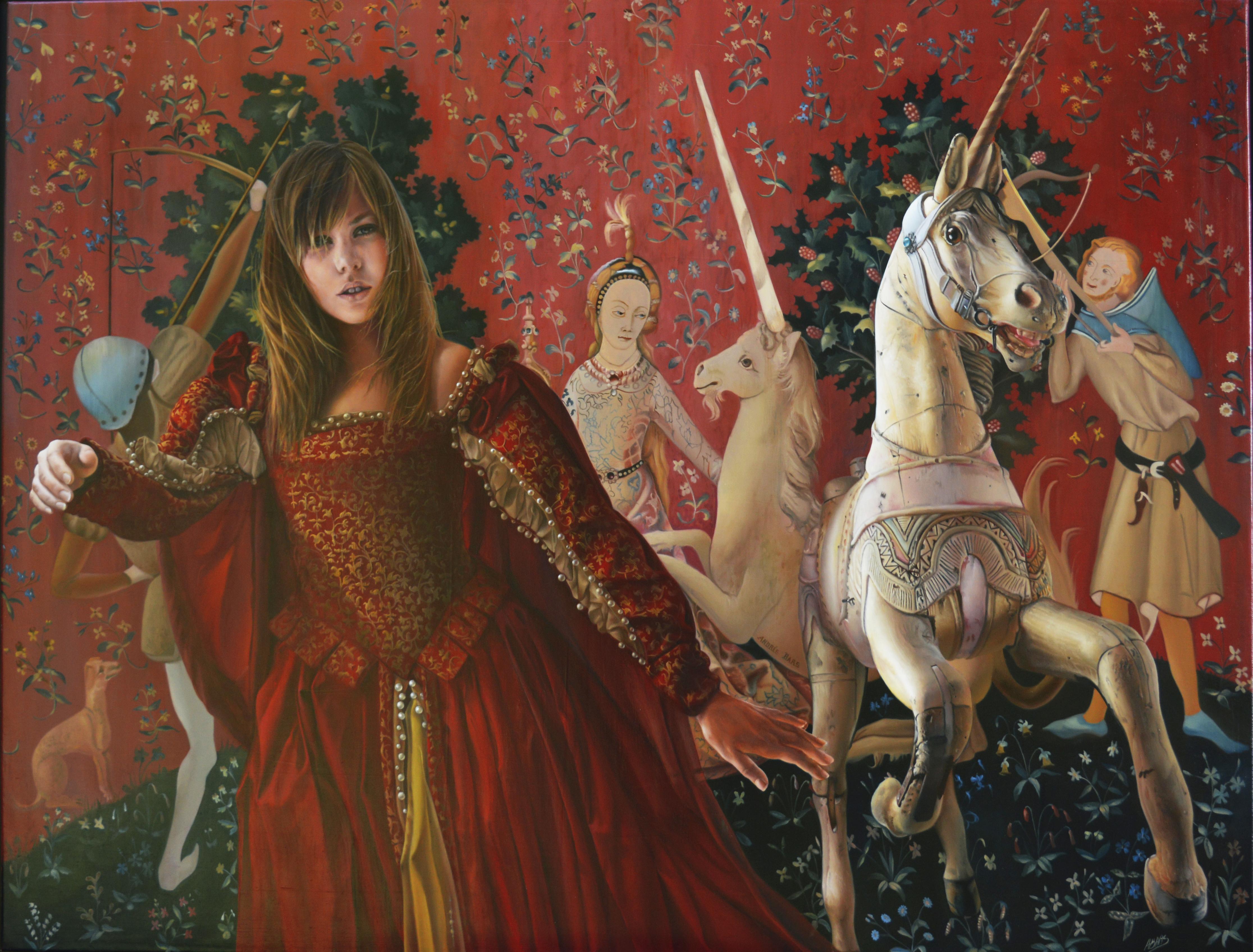 Andrée Bars Figurative Painting - The End of Innocence, Middle Ages Princess with Unicorn Realist Red Oil Painting