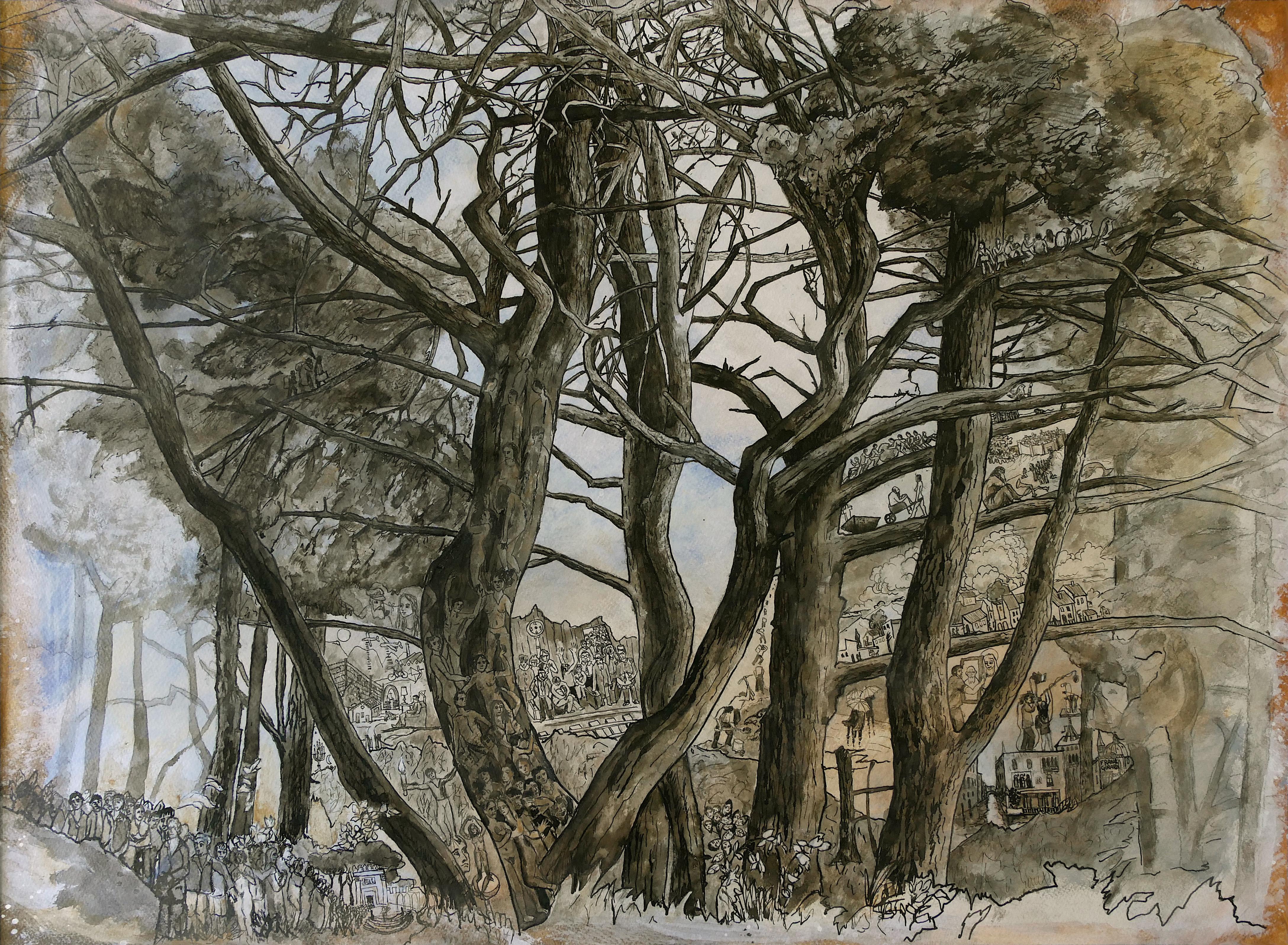 Frank Girard Landscape Art - "Old Oaks", Trees Inhabited by Human in Nature, Drawing and Pigments on Paper