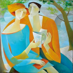 "Banks of Seine", Paris, Sensual Reading Couple, Blue Orange Figurative Painting