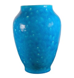 Vintage Raoul Lachenal Large Crackle Glaze Egyptian Blue French Baluster Ceramic Vase