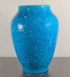 Raoul Lachenal Large Crackle Glaze Egyptian Blue French Baluster Ceramic Vase