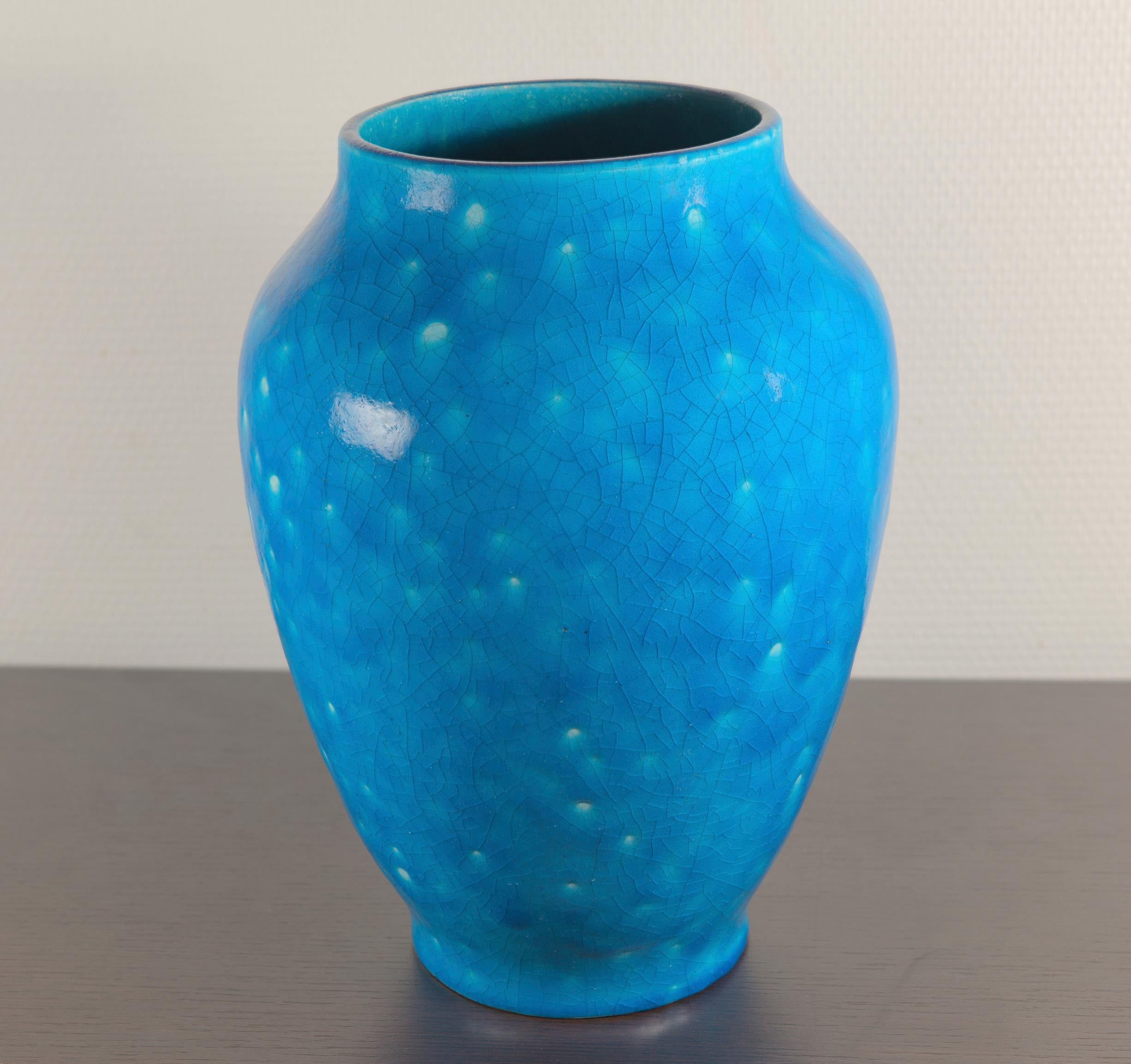 Raoul Lachenal Large Crackle Glaze Egyptian Blue French Baluster Ceramic Vase For Sale 1
