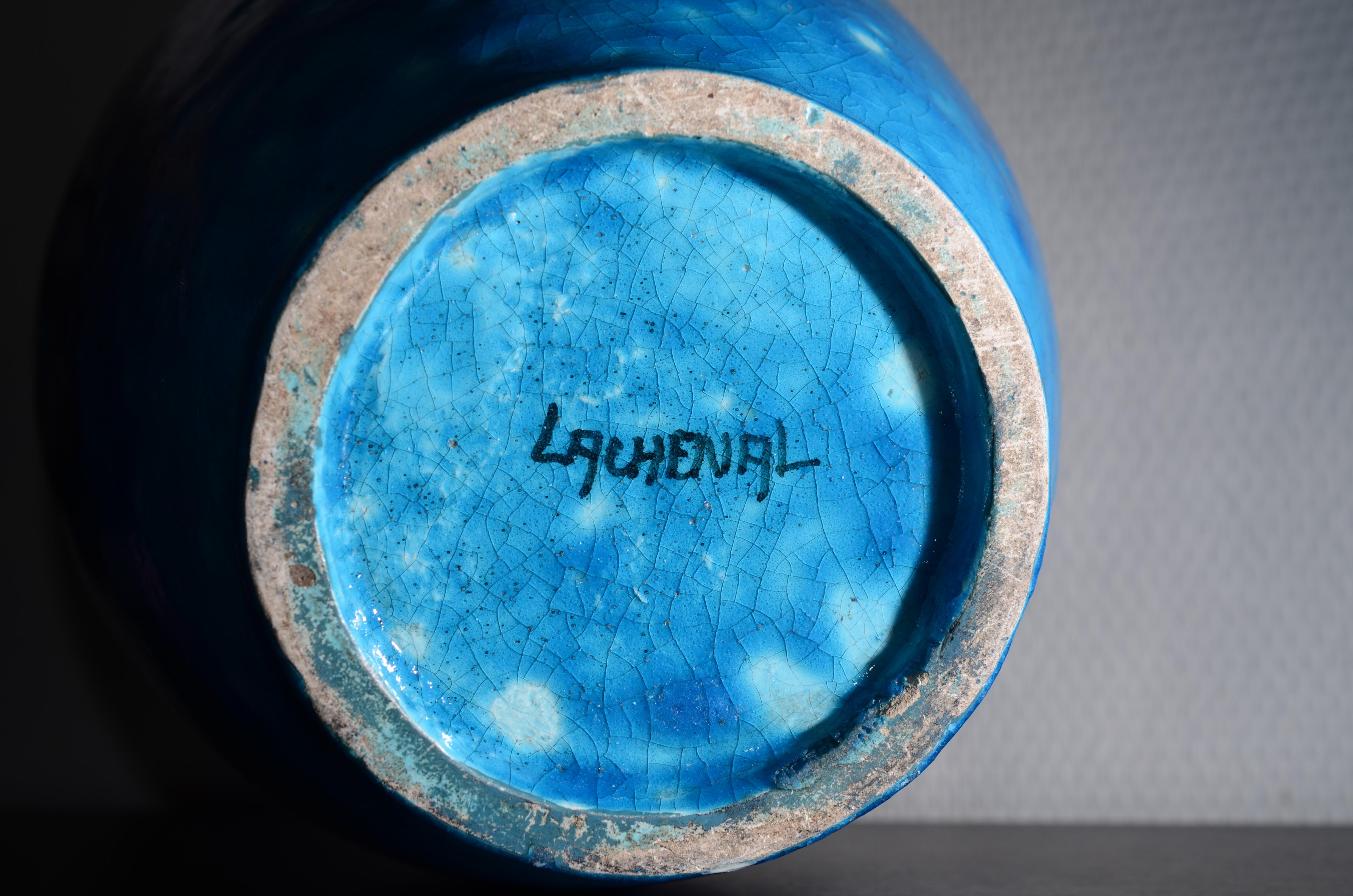 Raoul Lachenal Large Crackle Glaze Egyptian Blue French Baluster Ceramic Vase For Sale 2