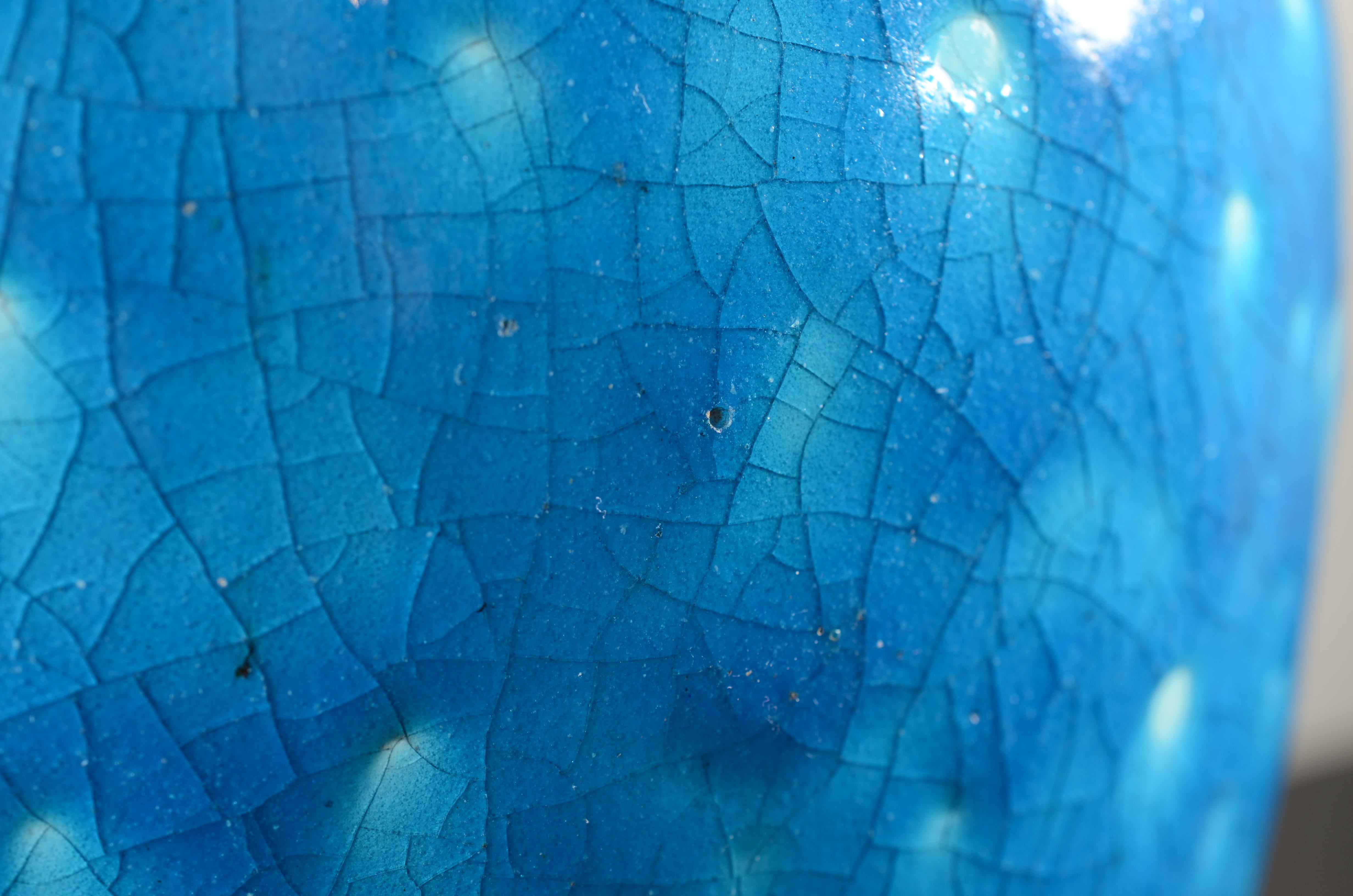 Raoul Lachenal Large Crackle Glaze Egyptian Blue French Baluster Ceramic Vase For Sale 4