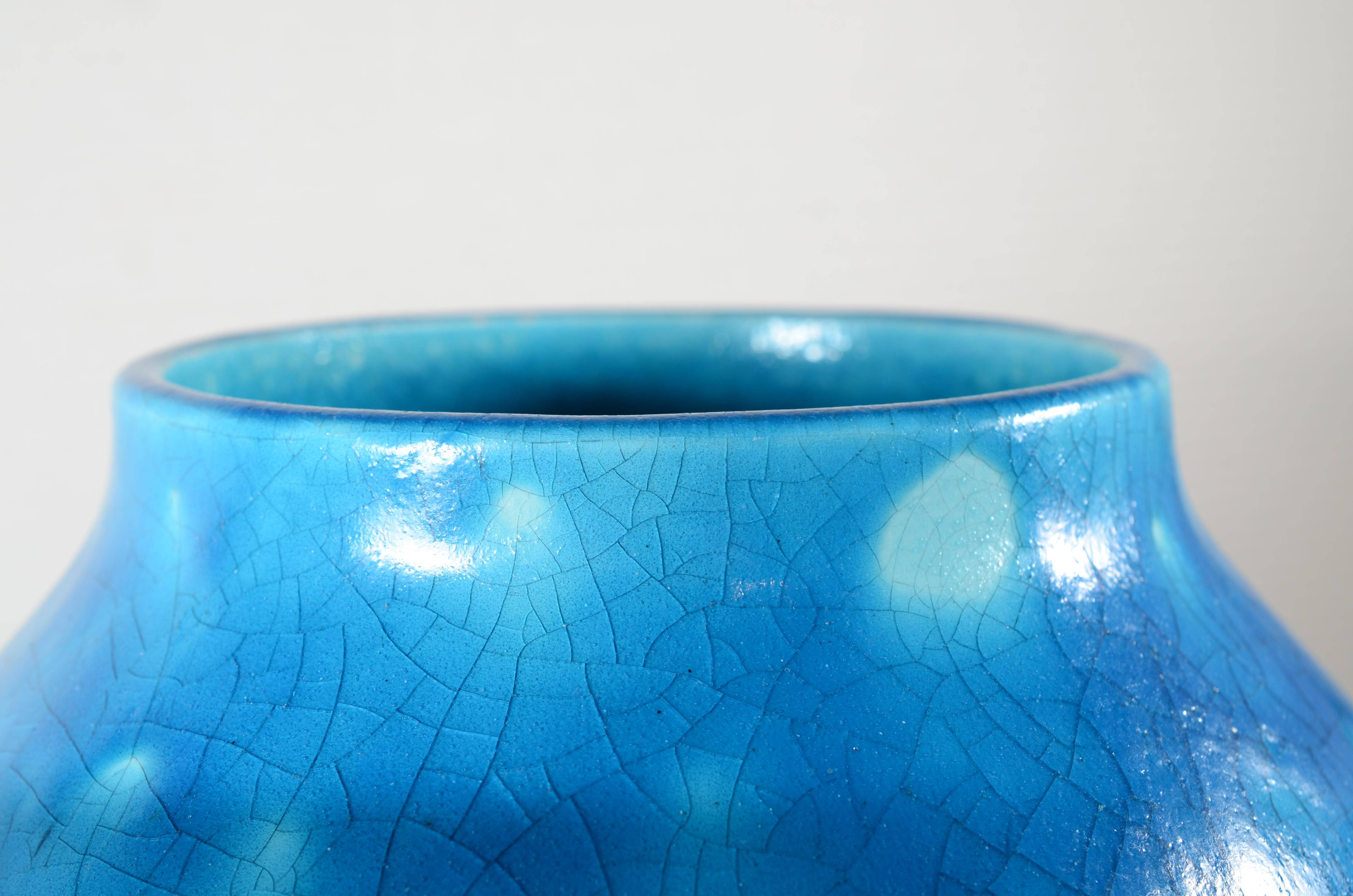 Raoul Lachenal Large Crackle Glaze Egyptian Blue French Baluster Ceramic Vase For Sale 8