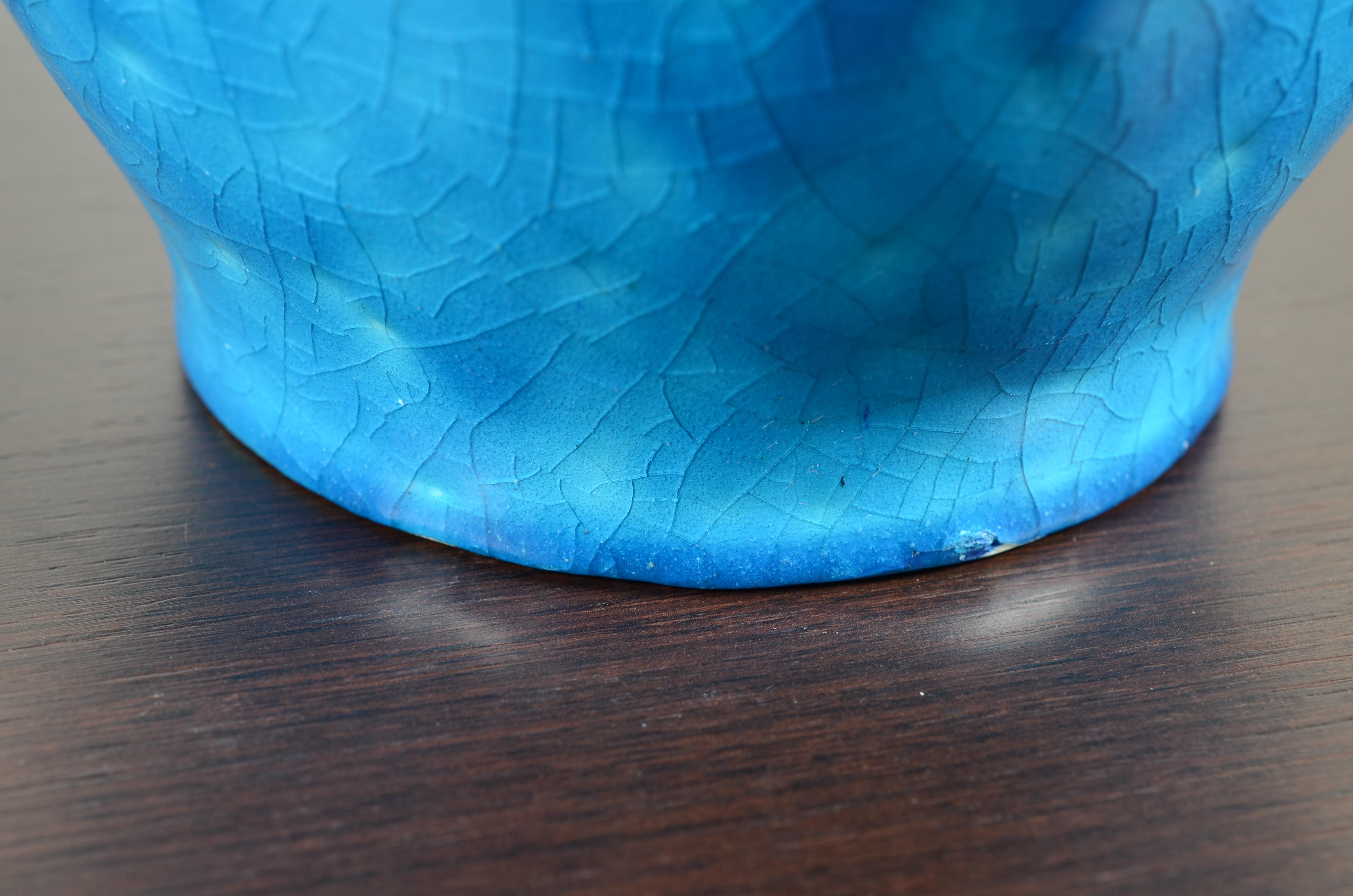 Raoul Lachenal Large Crackle Glaze Egyptian Blue French Baluster Ceramic Vase For Sale 11