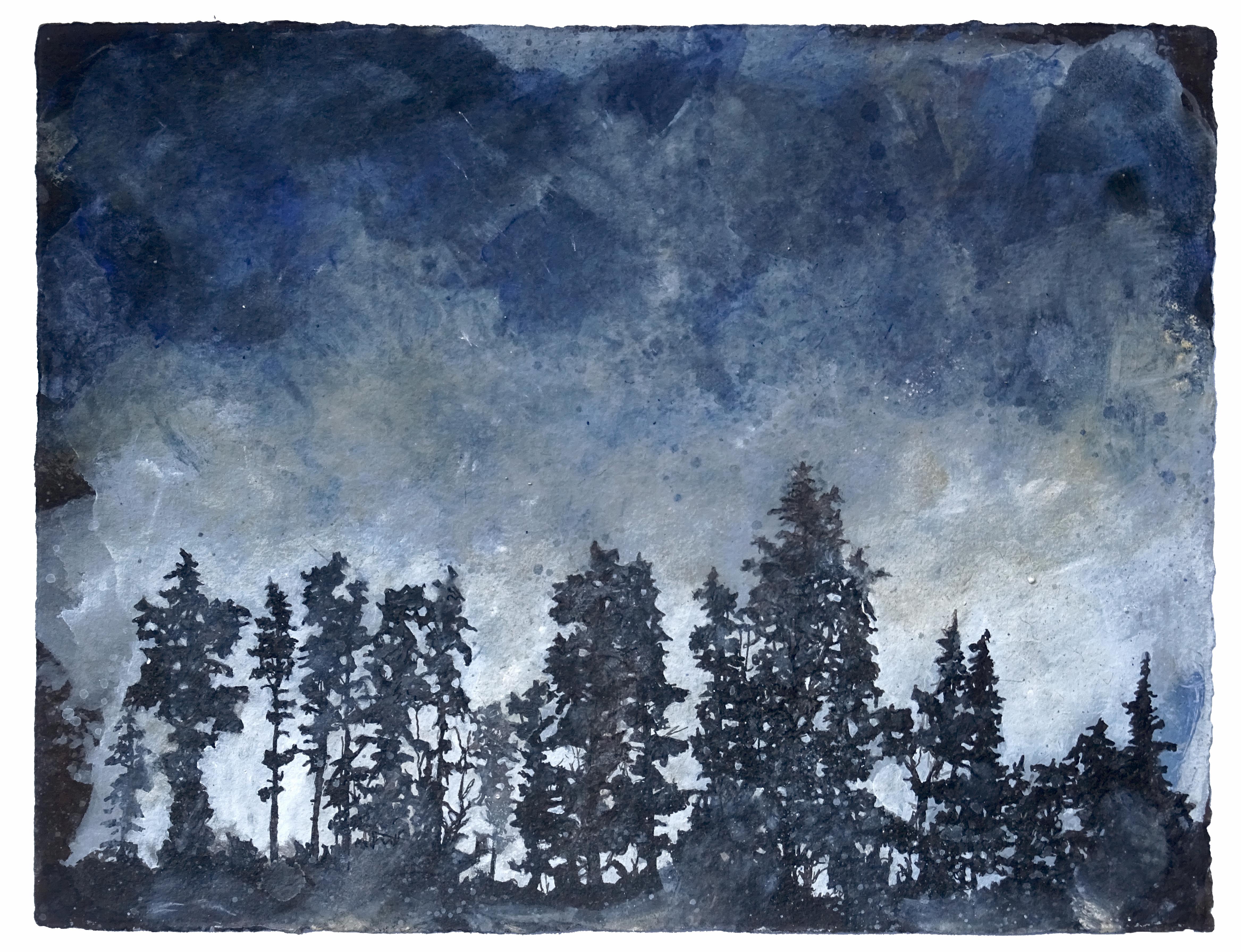 Frank Girard Landscape Art - "The Cold Wind in the Pine Trees",  Pigments Watercolor Acrylic Paper Drawing 