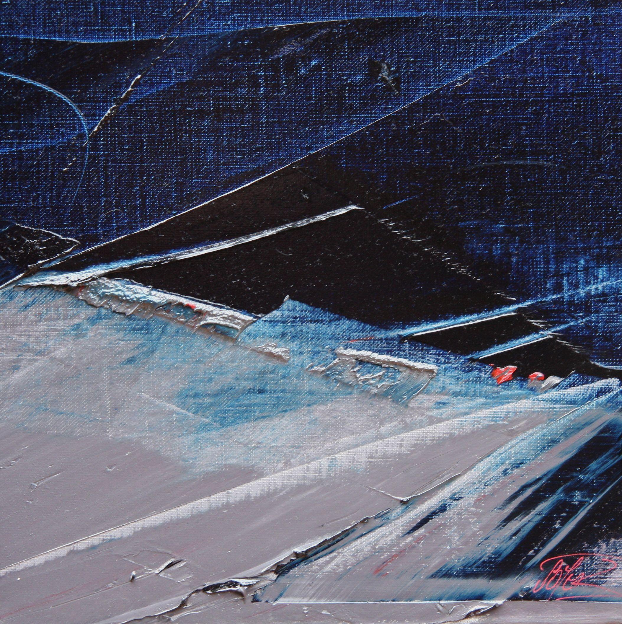 Peinture à l'huile abstraite carrée bleue, grise et rouge, sans titre - Gris Abstract Painting par Jean Soyer
