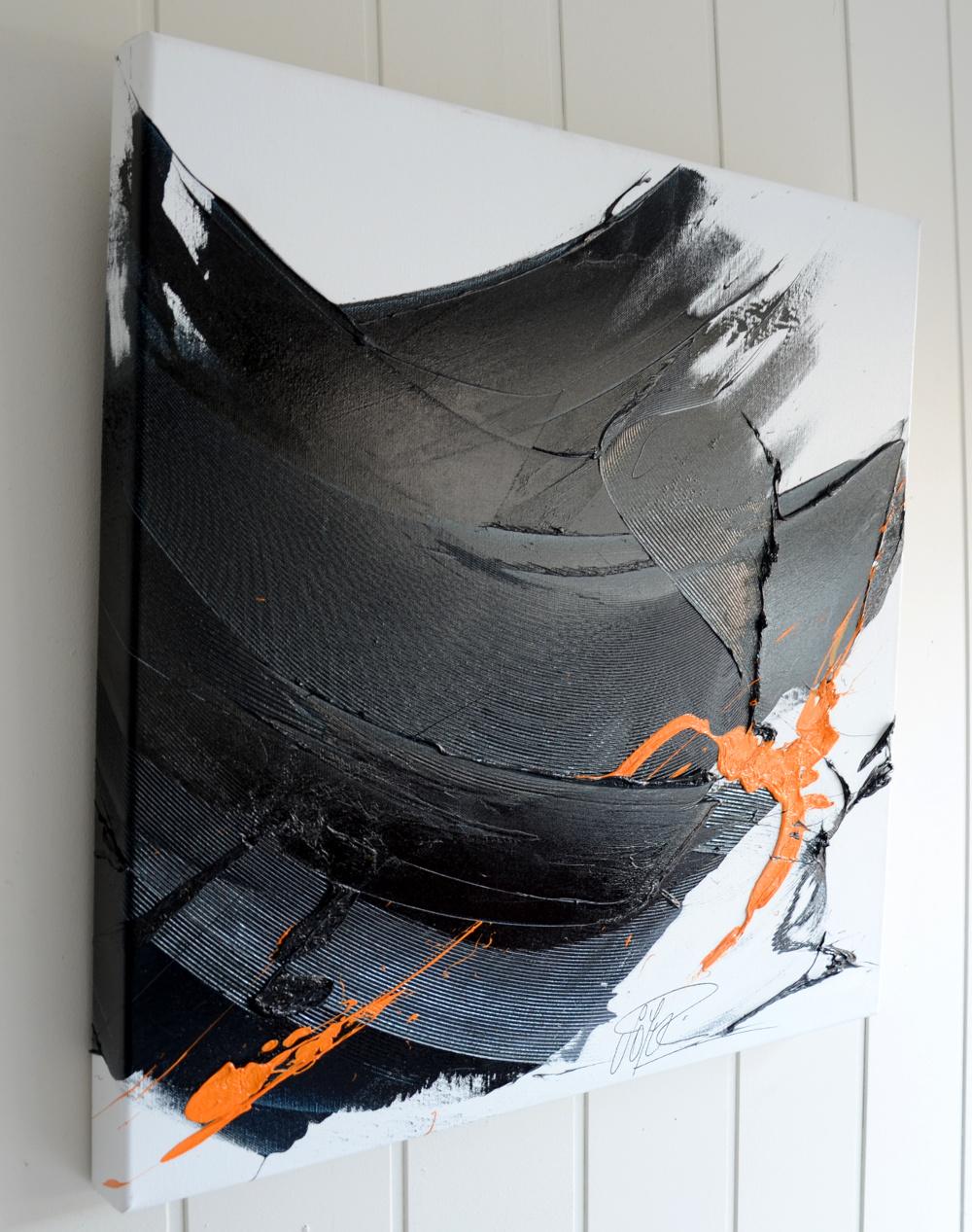 Black on White with Orange Spurt Abstract Squared Oil Painting, Untitled 10