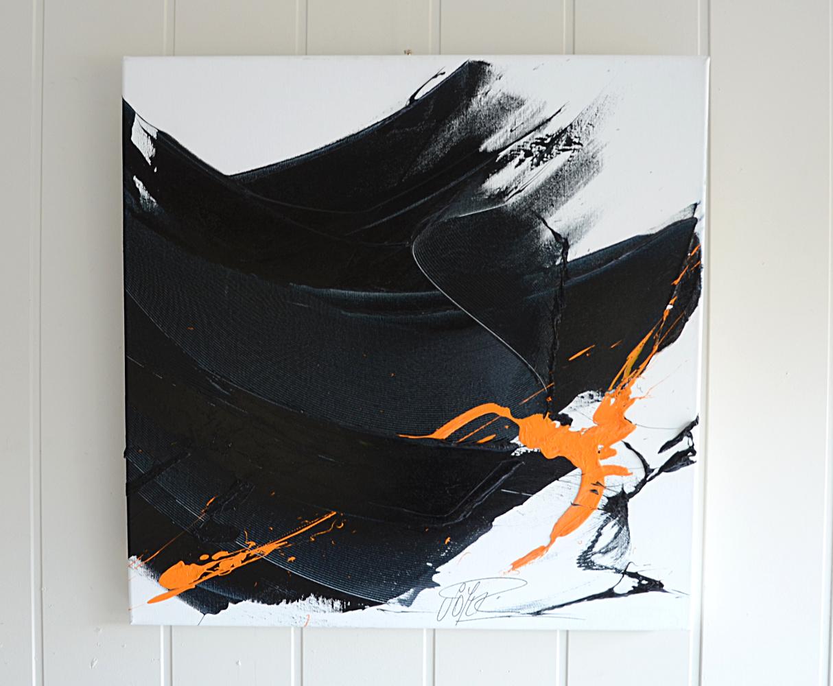 Black on White with Orange Spurt Abstract Squared Oil Painting, Untitled 9