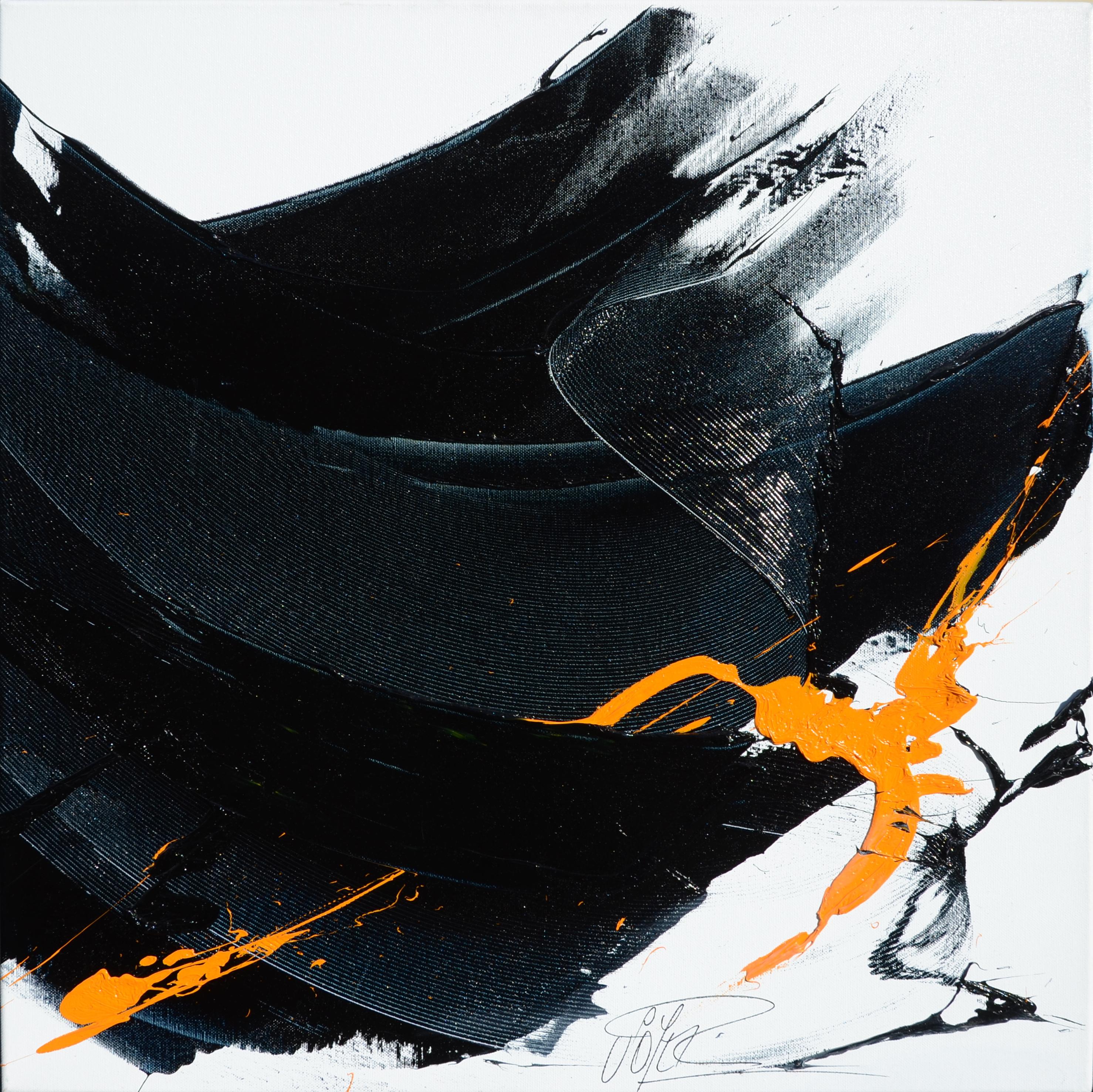 Black on White with Orange Spurt Abstract Squared Oil Painting, Untitled 14