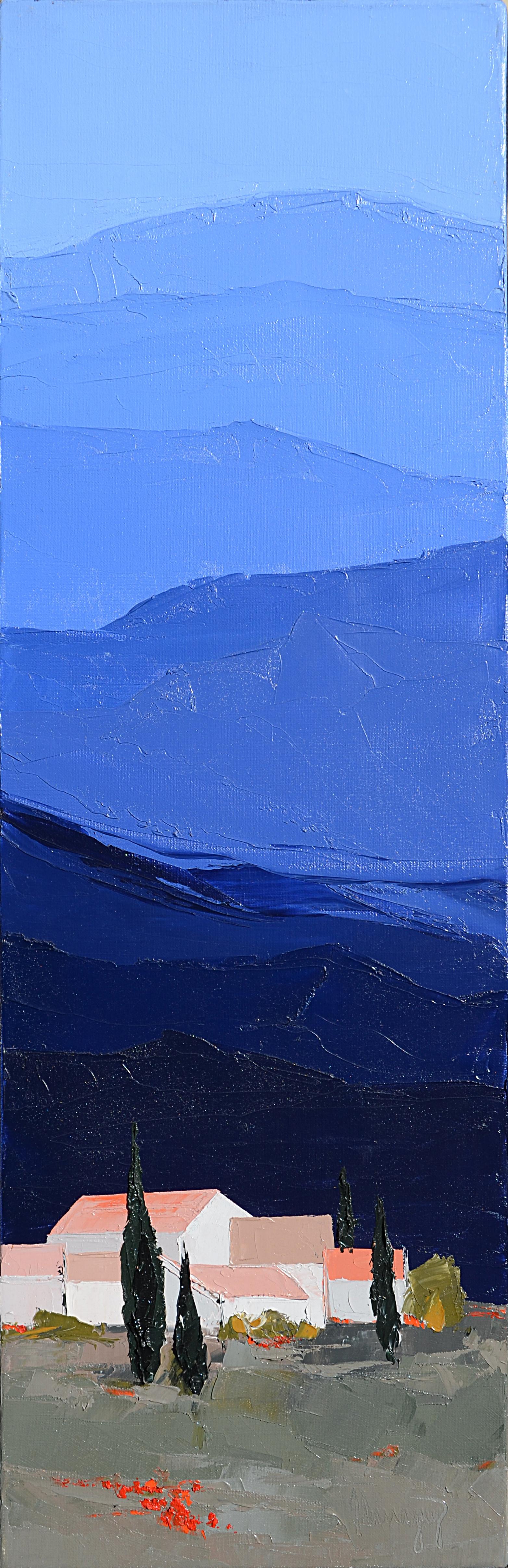 Marcel Demagny Figurative Painting - "Cool Blue Sky" ("Ciel bleukif"), Blue Vertical Landscape Oil Painting