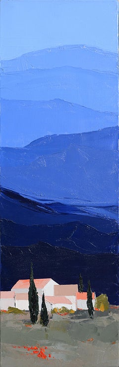 "Cool Blue Sky" ("Ciel bleukif"), Blue Vertical Landscape Oil Painting